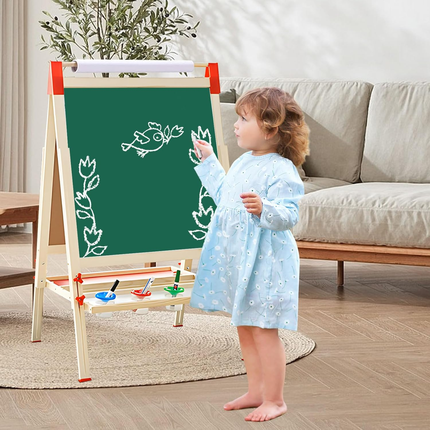 65X65Cm Adjustable Kids Art Easel for Kids - 3-In-1 Double-Sided Magnetic Chalkboard & Whiteboard with Paper Roll Chalk Board for Kids Wooden Toddler Easel for Kids, Art Set for Creative Play,65X65Cm image number 3