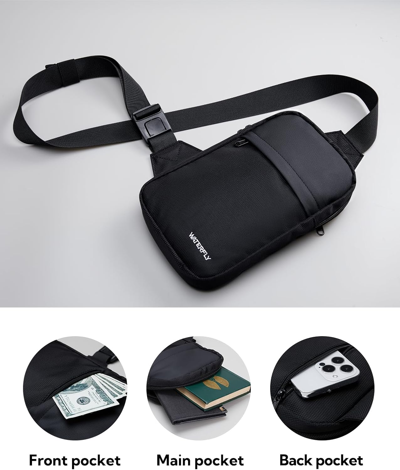 WATERFLY Crossbody Chest Sling Bag: Small Shoulder Bag Crossover Cross Body Bag for Work Travelling Women Men image number 5