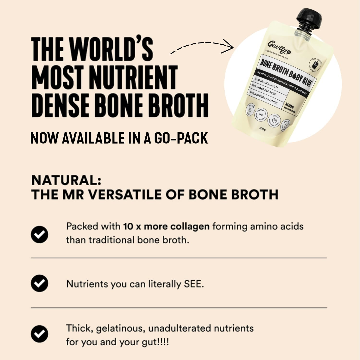 Gevity Rx Bone Broth Body Glue Concentrate Go Pack Natural G/F 200G image number 1