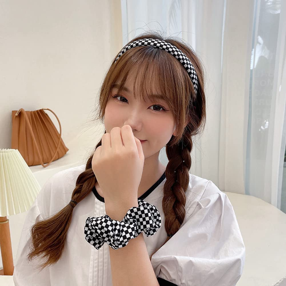 Checkered Scrunchie Buffalo Plaid Scrunchies Checkboard Elastic Hair Ties for Women Girls Checkered Accessories Black and White Scrunchies Ponytail Holders image number 1