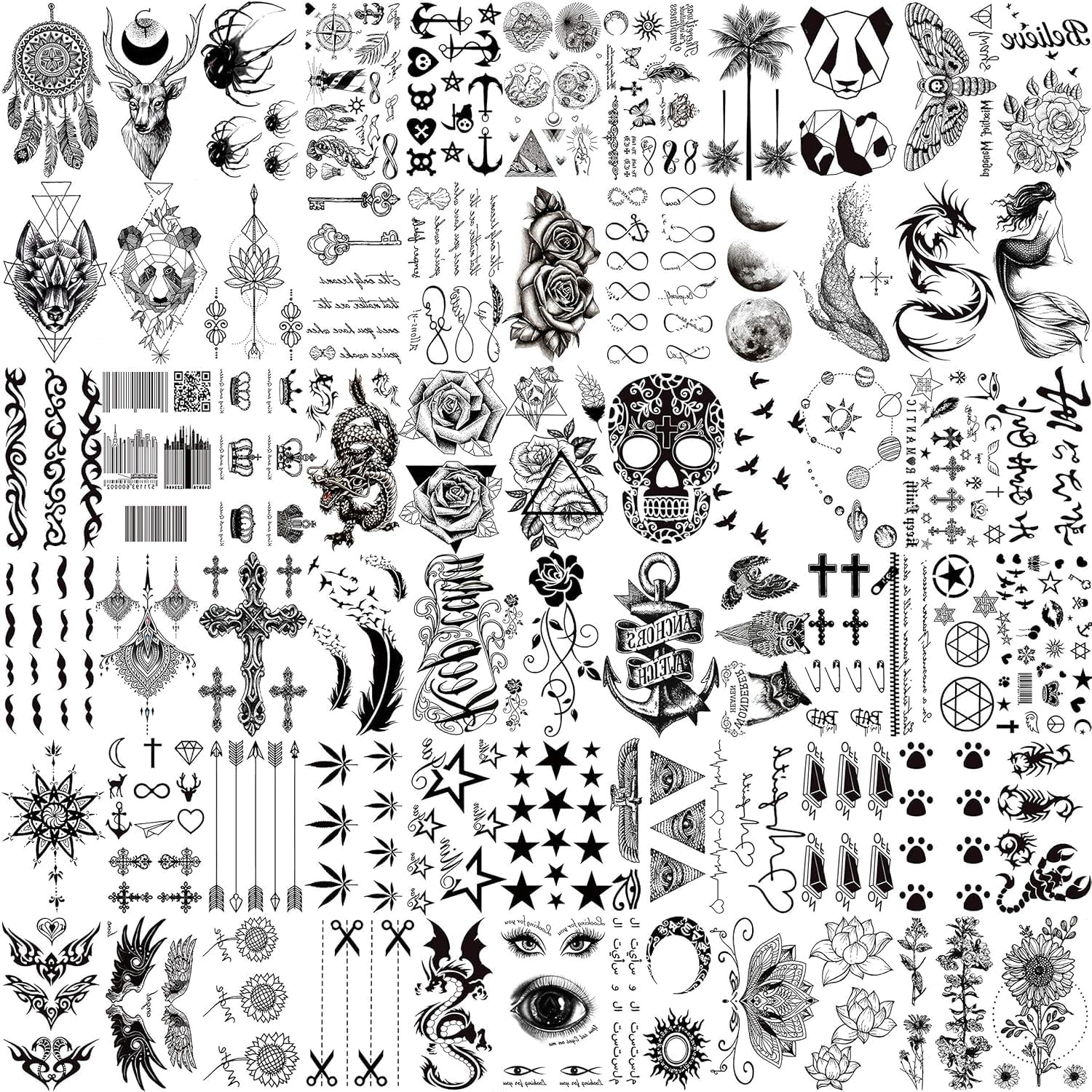 72 Sheets Temporary Tatto for Men Women Adults, 12 Sheets Arm Chest Shoulder Tattos Temporary Tattos with 60 Sheets Tiny Black Tattos, Wolf Tiger Lion Skull Owl Flower Tatto Stickers