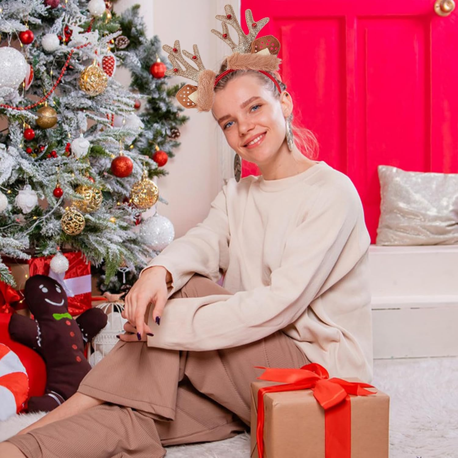 NICENEEDED Reindeer Antlers Headband Cute Plush Christmas Headband with Deer Antlers Halloween Party Cosplay Costume Decorations for Adults image number 2