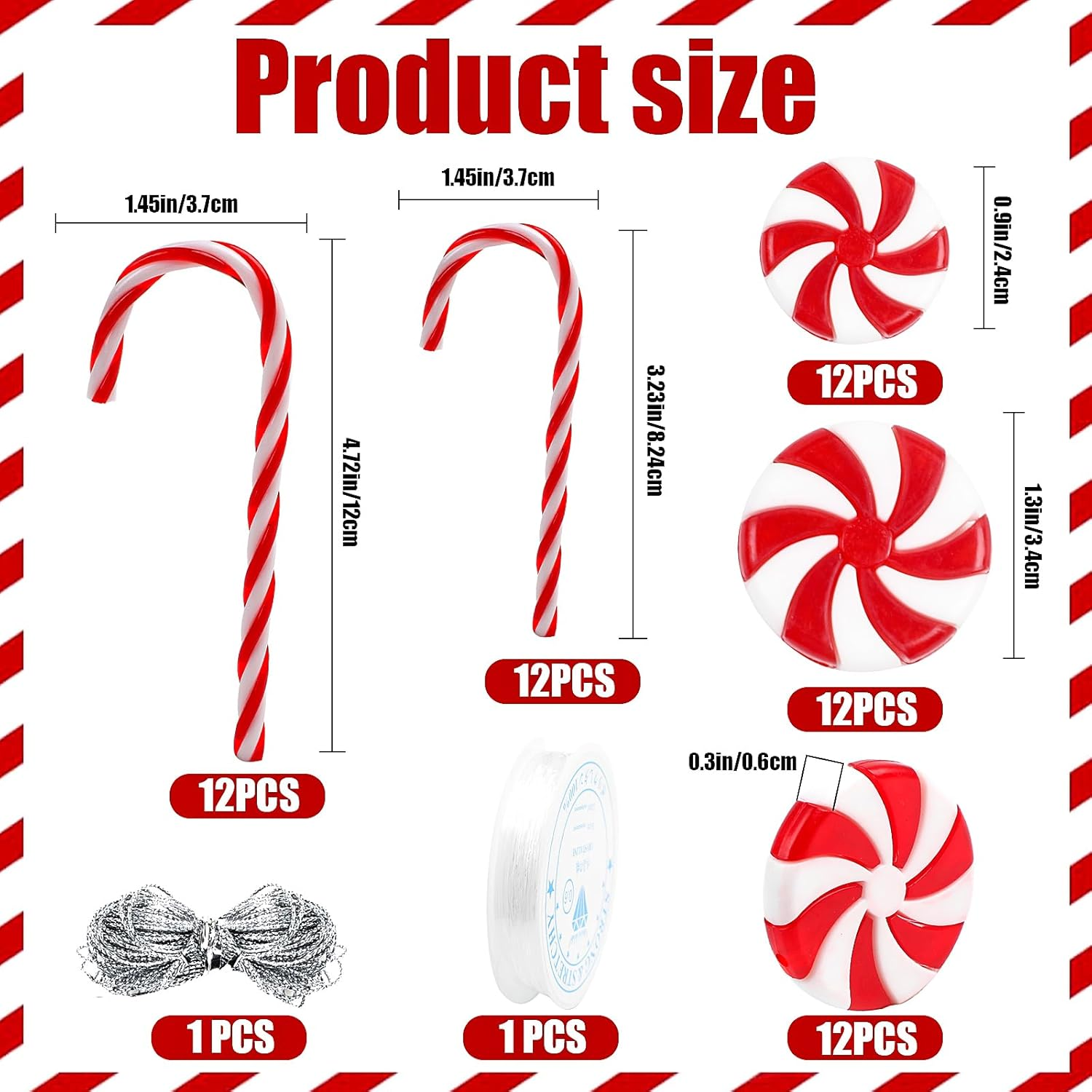 LOMIMOS 50Pcs Christmas Candy Canes Ornament, Plastic Xmas Tree Hanging Decoration Ornament with Crystal Wire Silver Thread for Craft Party Home(Red and White) image number 4