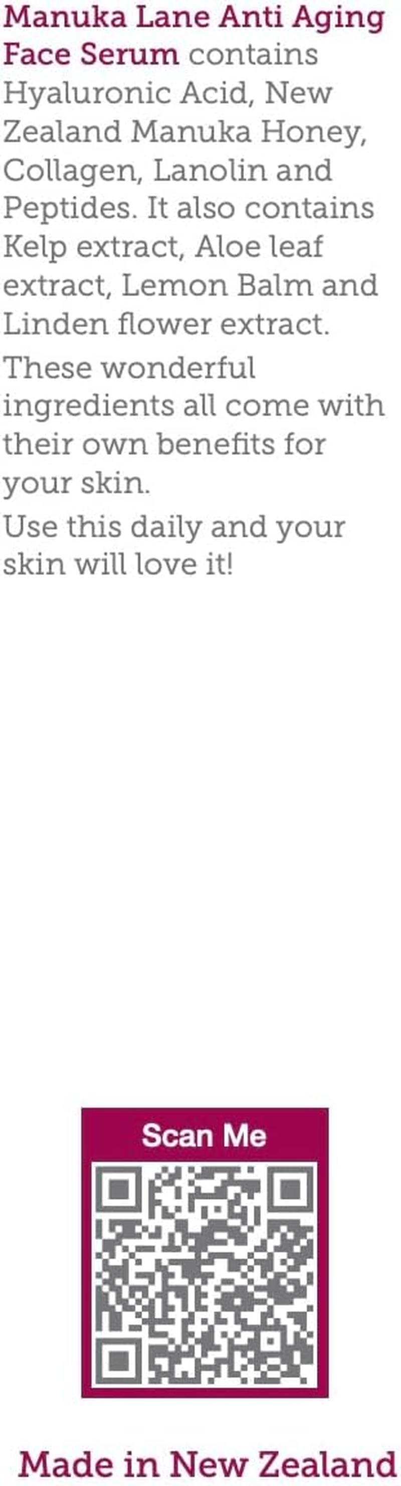 Manuka Honey Face Serum with Collagen, Hyaluronic Acid, & Pure Honey, by Manuka Lane image number 6