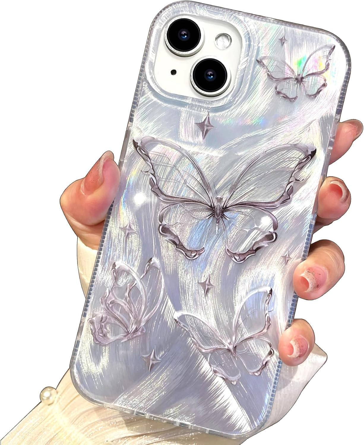 ELEPIK Shiny Fade Series for Iphone 17 Pro Max Case, [Unique Laser Design] Glitter Cute Fade Pattern Slim Soft TPU Protective Women Girl'S Phone Cover, Silver Butterfly