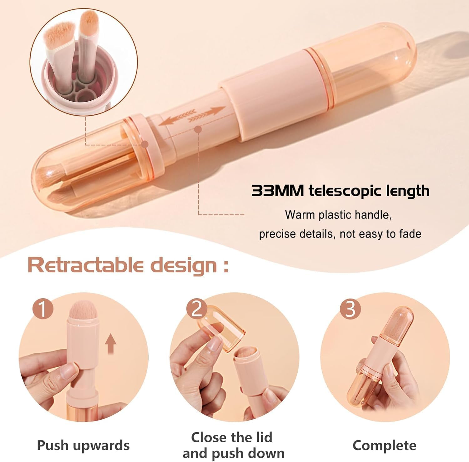 Travel Makeup Brush Set with Case, 4 in 1 Mini Cute Makeup Brush Retractable Professional Foundation Blending Powder Eye Shadow Brush for Women Facial Cosmetics Makeup Brush Set(Apricot) image number 1