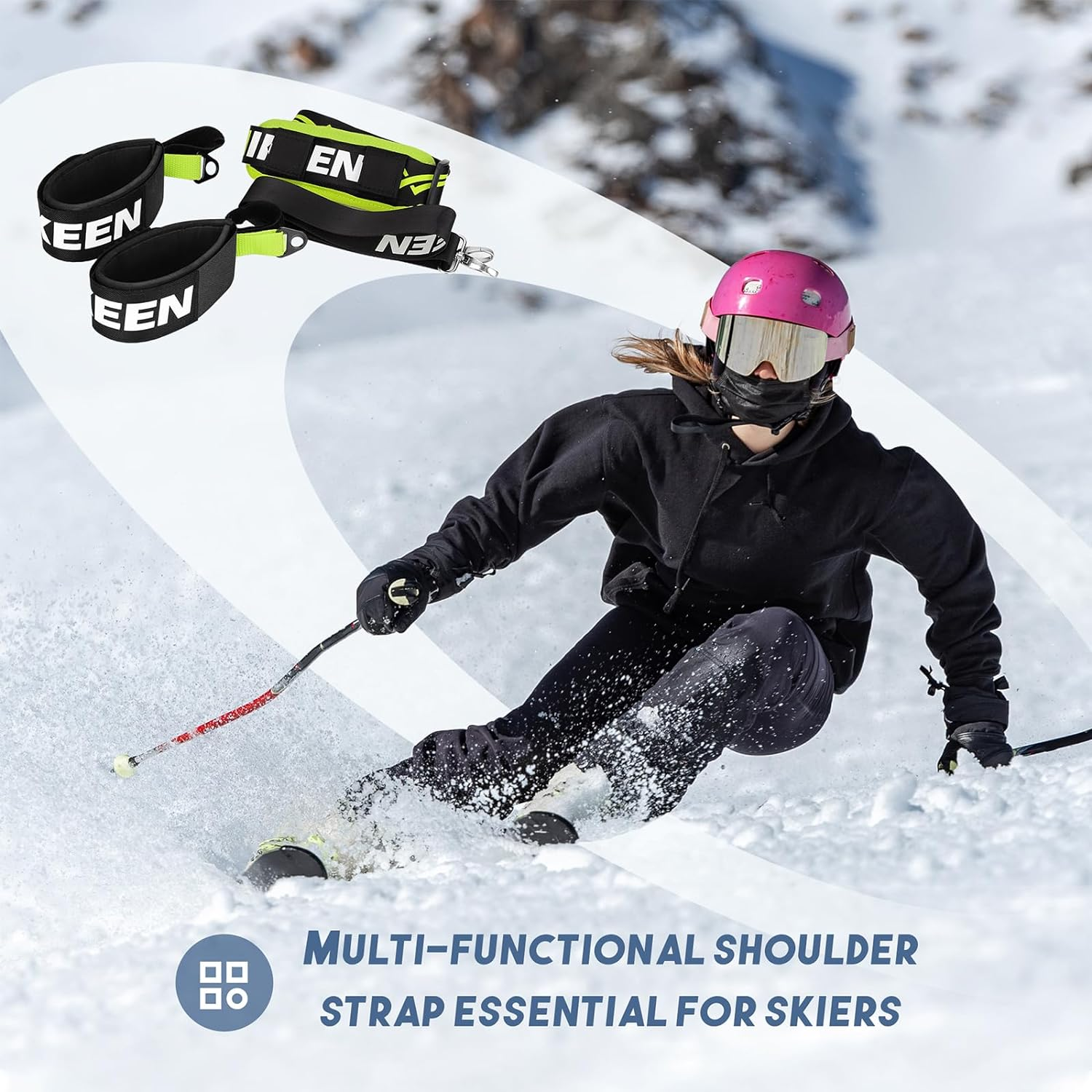 BOOSTEADY Ski Srap & Pole Carrier,Poles and Boot Downhill Skis Carrier Straps with Adjustable Anti-Slip Shoulder Slings & Metal Buckle and Swivel Hook for Men Women Kids
