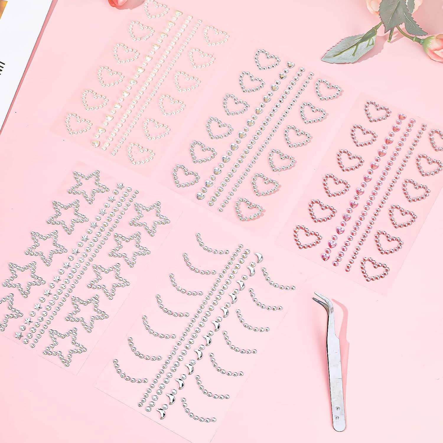 5 Sheets Self Adhesive Face Gems for Makeup - 3D Heart Star Moon Rhinestone Stickers, Eye Nail Body Crystal Pearls Jewels for Festival Crafts image number 5