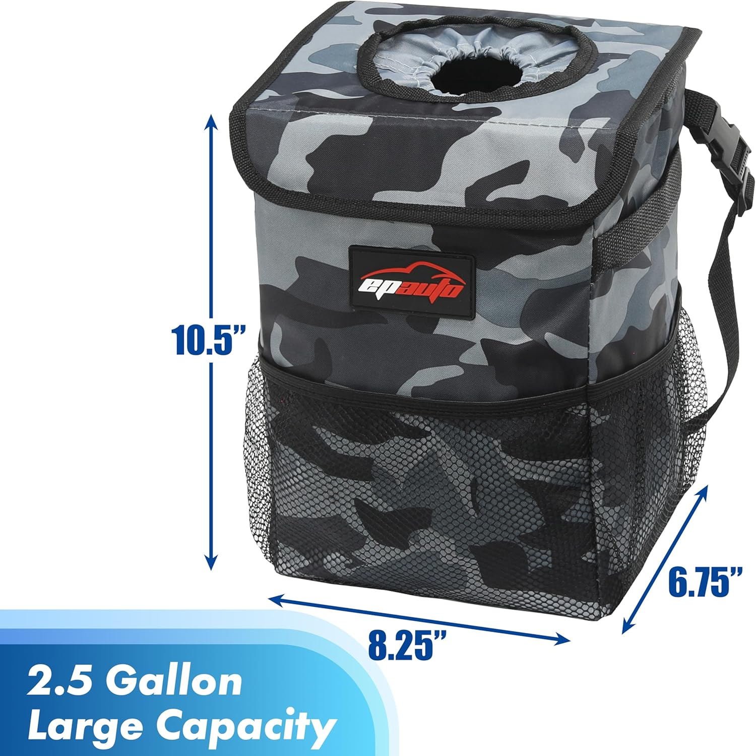 Epauto Waterproof Car Trash Can with Lid and Storage Pockets, Camouflage Grey image number 2