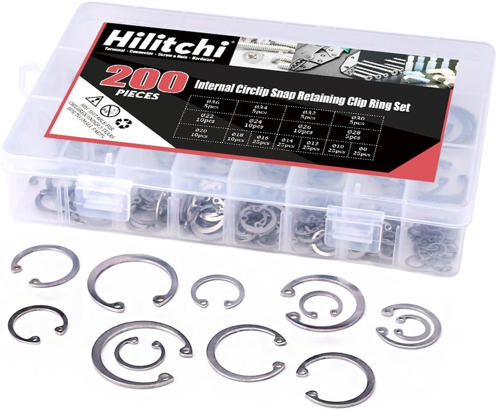 Hilitchi 200-Pcs [15-SIZE] Internal Circlip Snap Retaining Clip Ring Assortment Set - 304 Stainless Steel image number 2