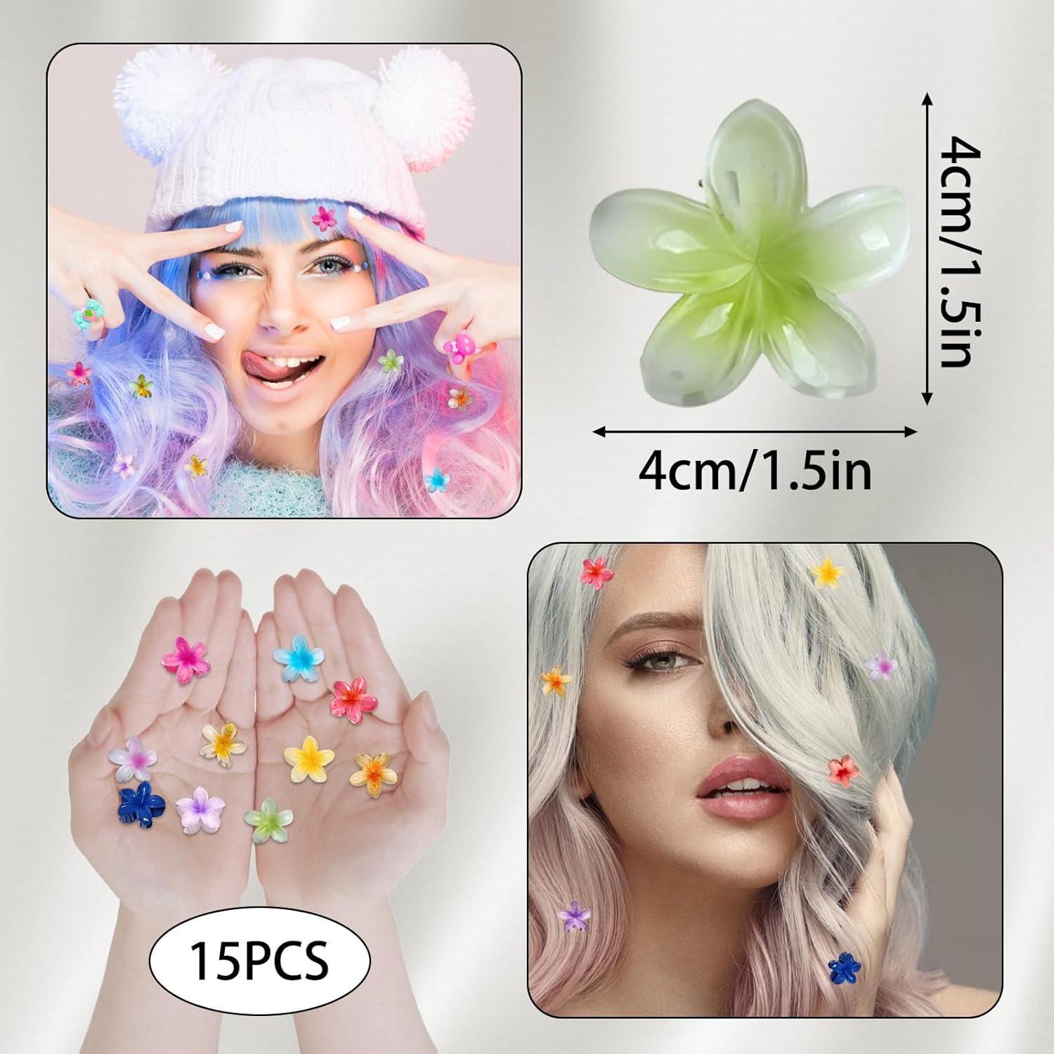 Pack of 15 Flower Hair Clips, 15 Colours, 4 Cm Flower Hair Clip, Flower Hair Clip for Women and Girls, Ideal for Thick Hair and Styling at Parties and Everyday Use image number 3