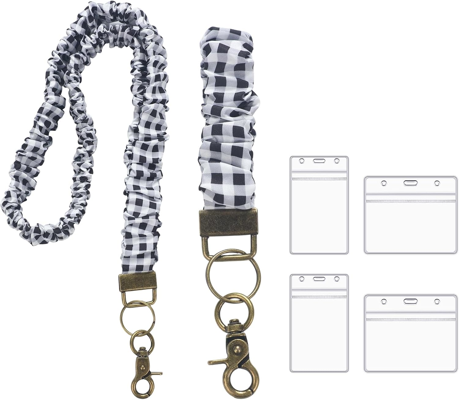 Marspark 2 Set Scrunchie Lanyards with 4 Card Holders for ID Badges and Keys Cute Stretchy Scrunchie Neck and Wrist Lanyards for Teacher Women Nurses School Office Supplies(White Green, Checked)