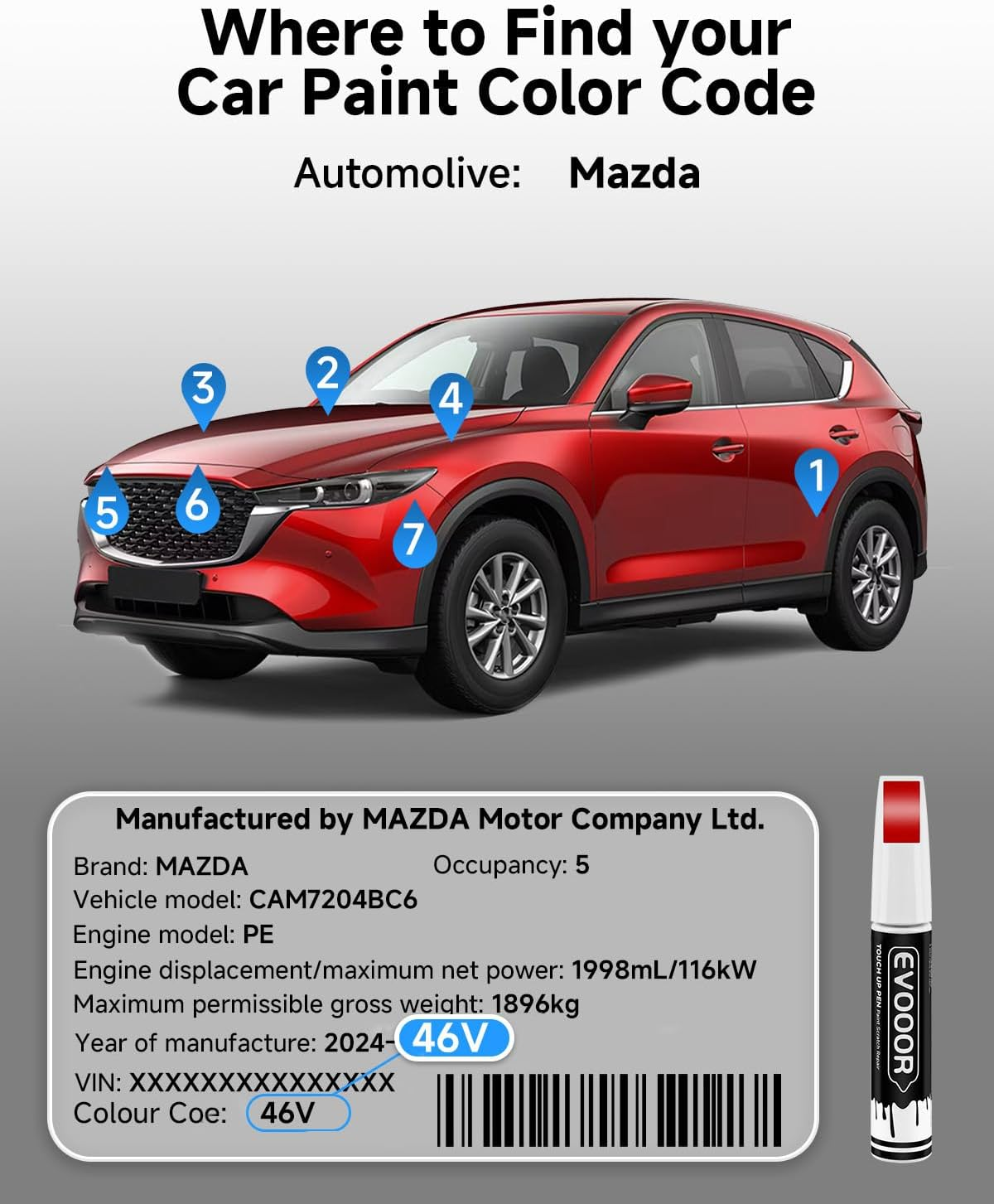 46V Soul Red Crystal Metallic Tricoat Touch up Paint Compatible with Mazda Exact Match 2 in 1 Touch up Paint for Chips and Nicks Repair image number 1