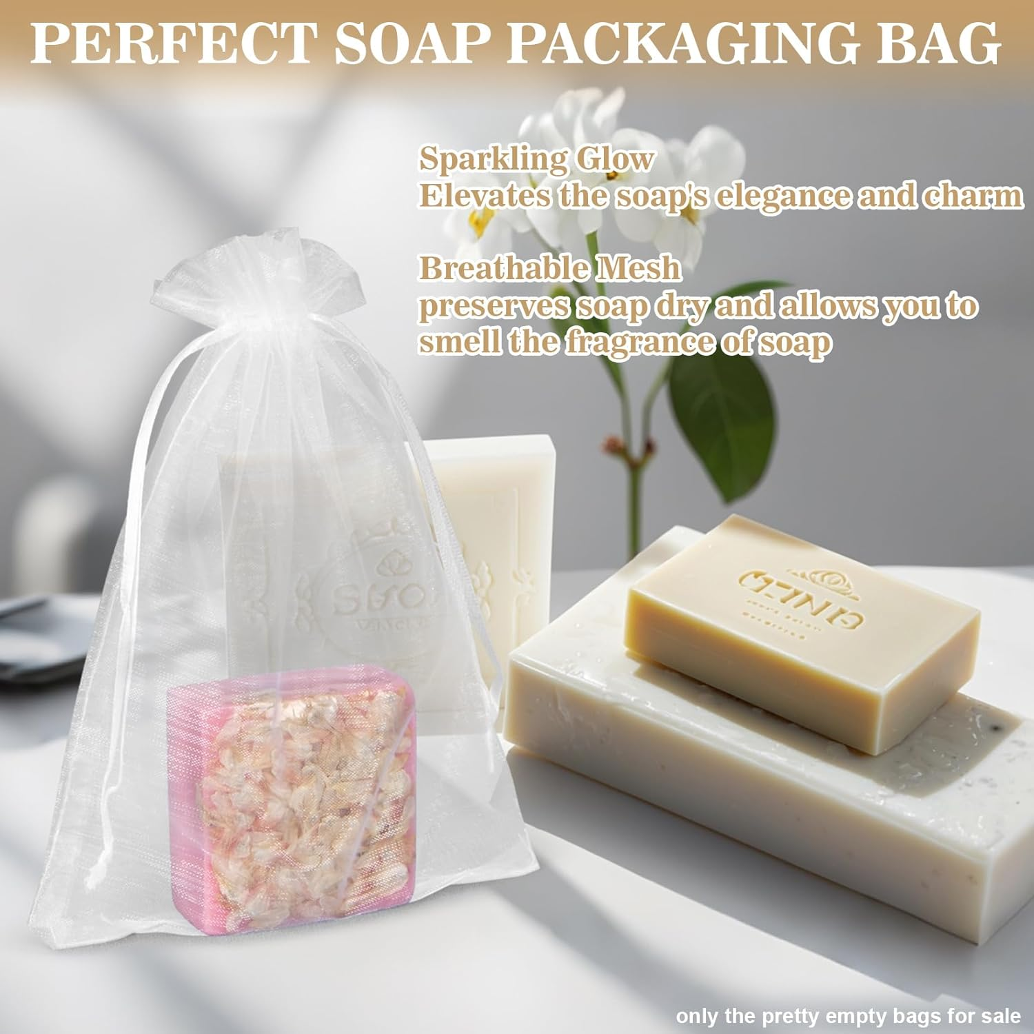 Sukh 50 Organza Soap Bags for Packaging - Organza Gift Bags 5X7 Soap Bags for Homemade Soap Wedding Anniversary Souvenir Soap Mesh Wedding Favor Bags Small Soap Pouches Gift Bags for Small Business image number 3