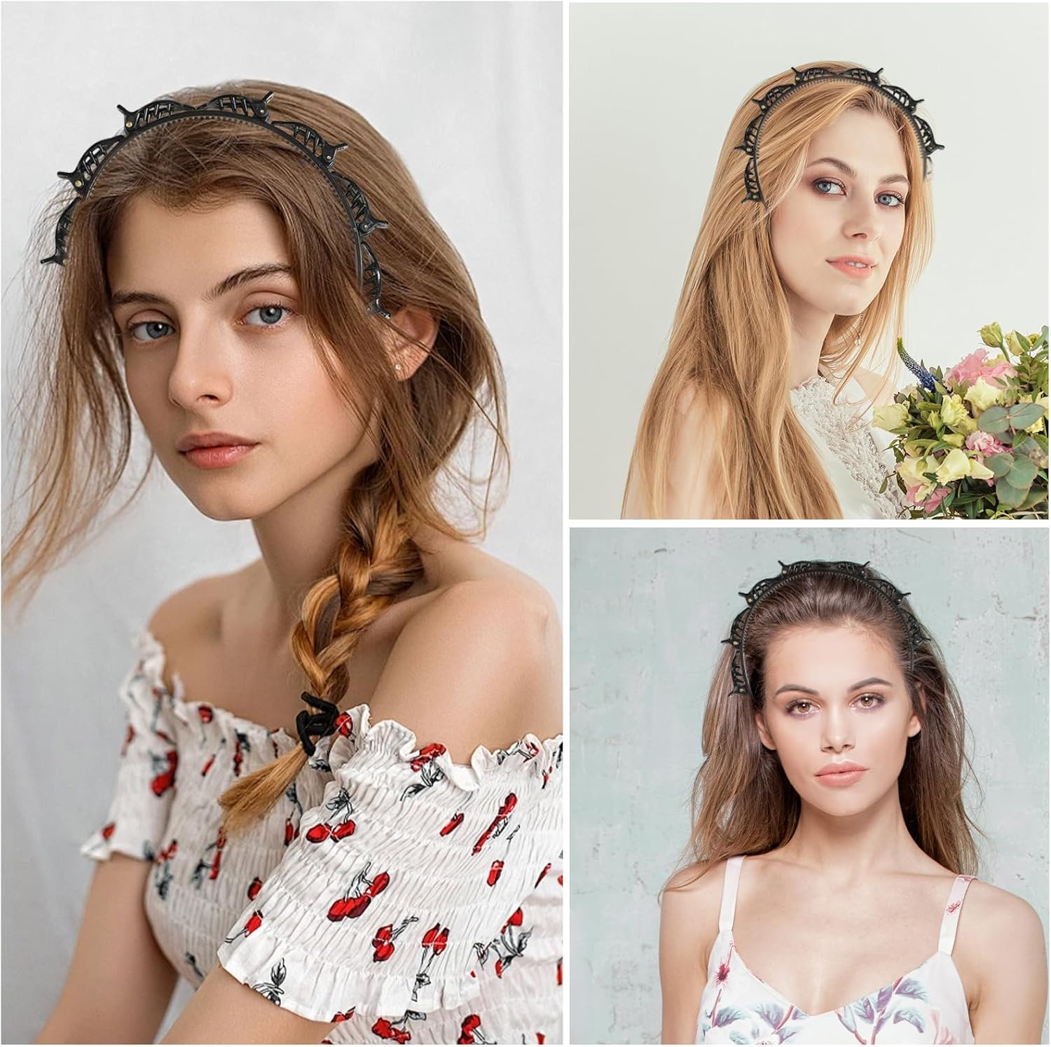 Pack of 2 Hair Bands with Clips, Double Bangs Hairstyle Hairpin, Hair Hoop with Clips, Women'S Headband for All Hair Types and Hairstyles (Black) image number 2