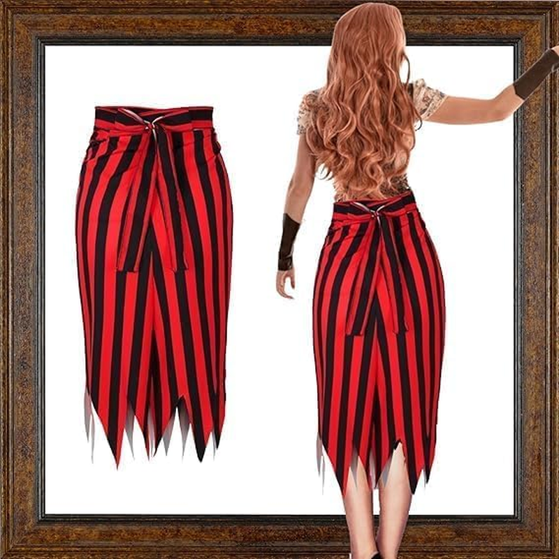 Slowton Pirate Costume Women - 2PCS Adult Renaissance Pirate Outfit with Striped Skirt and Headscarf Pirate Themed Costumes for Halloween Party Captain Carnival Music Festival image number 5