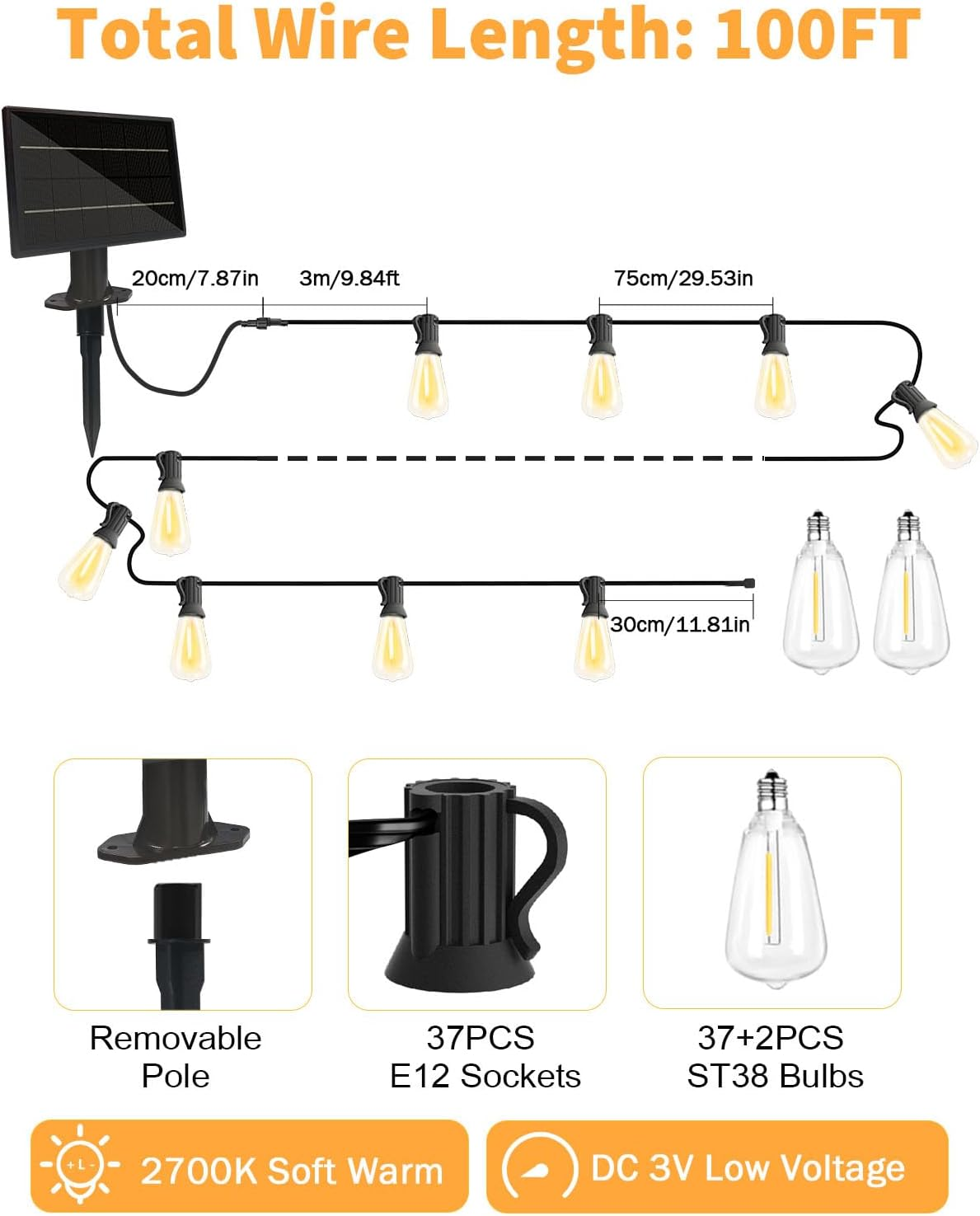 30M Solar Lights Outdoor Garden String, Festoon Lights Outdoor Solar Powered, 37+2 Shatterproof ST38 LED Bulbs, 3 Modes outside Solar Garden Light for Backyard, Patio