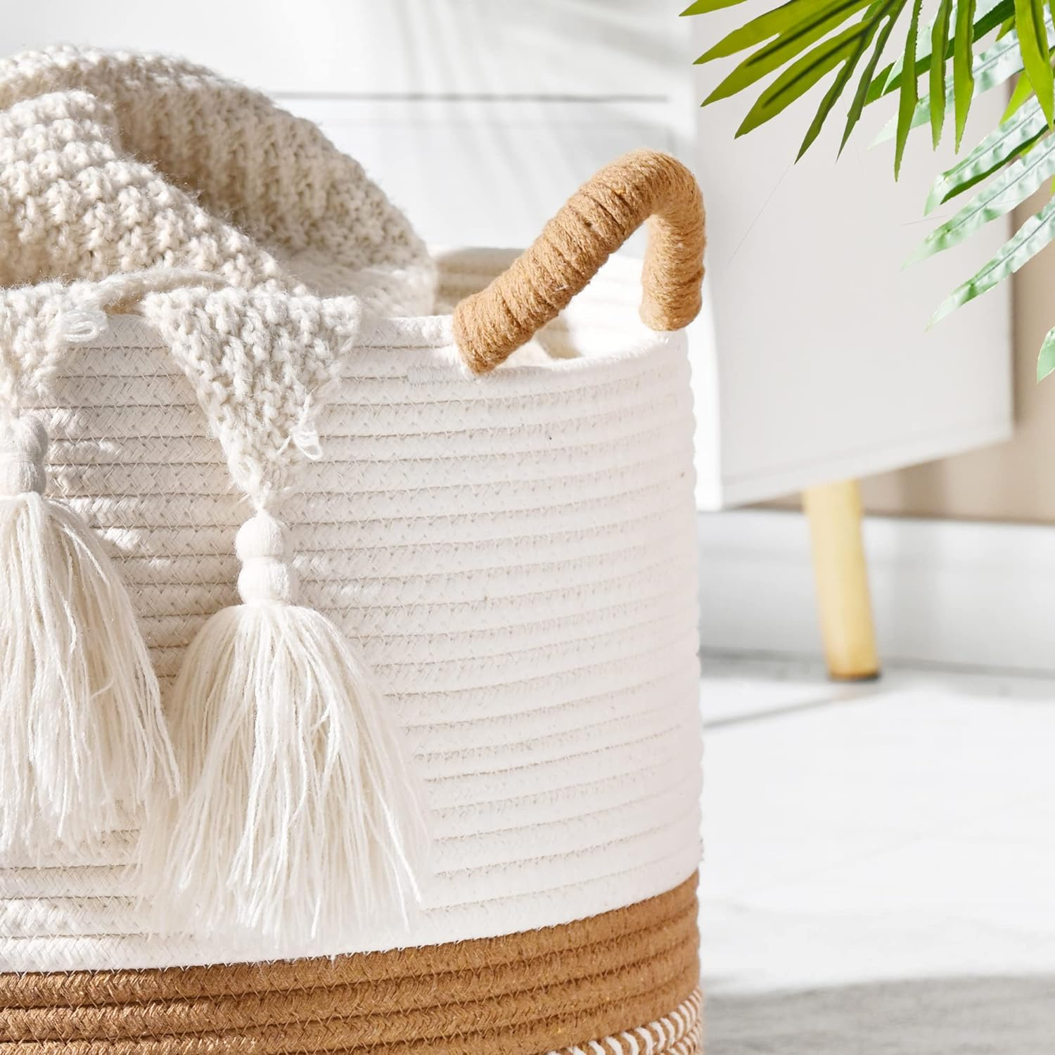 KAKAMAY Large Blanket Basket (20"X13"),Woven Baskets for Storage Baby Laundry Hamper, Cotton Rope Blanket Basket for Living Room, Laundry, Nursery, Pillows, Baby Toy Chest (White/Brown) - Black image number 4