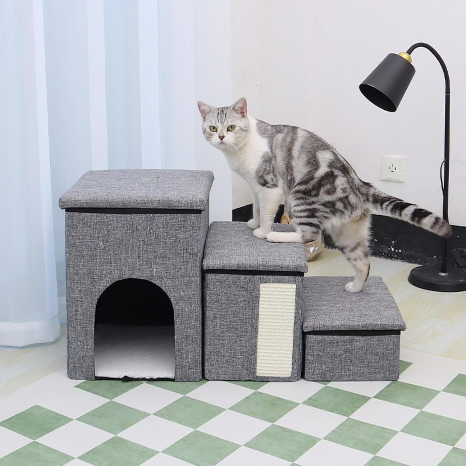 SYCCLLYYDS Dog Stairs 3 Steps Gris, Dog Stairs for Small Large Dogs 80 X 43 X 42 Cm Pet Foldable Storage Stairs Washable Cat Stairs for Sofa Bed Stairs for Dogs