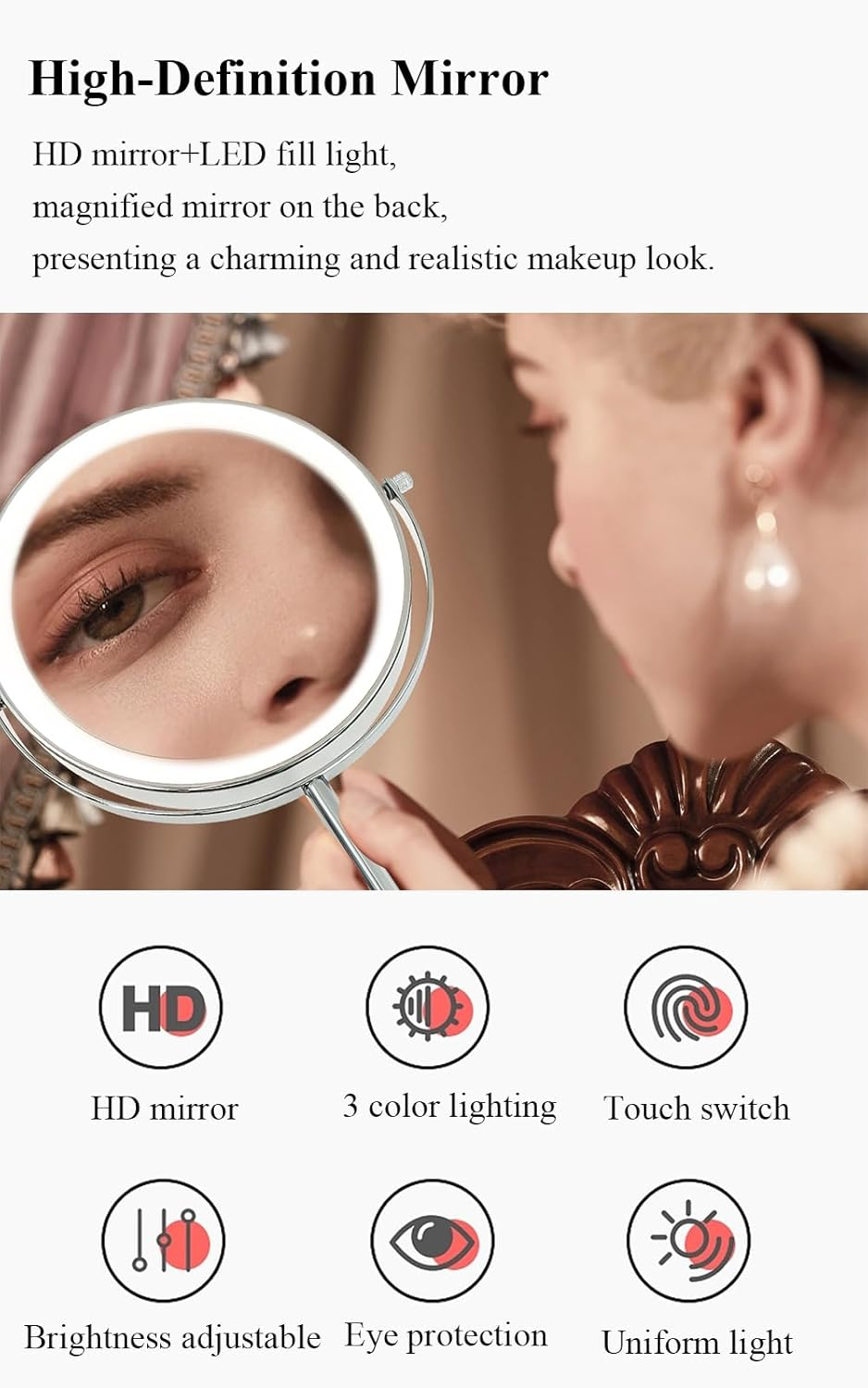 Vanity Mirror with Lights for Makeup Desk 1X/10X Double Side Magnifying Mirror,8" Lighted Travel Mirror for Shaving (Luxury Gold, 5X Magnification)
