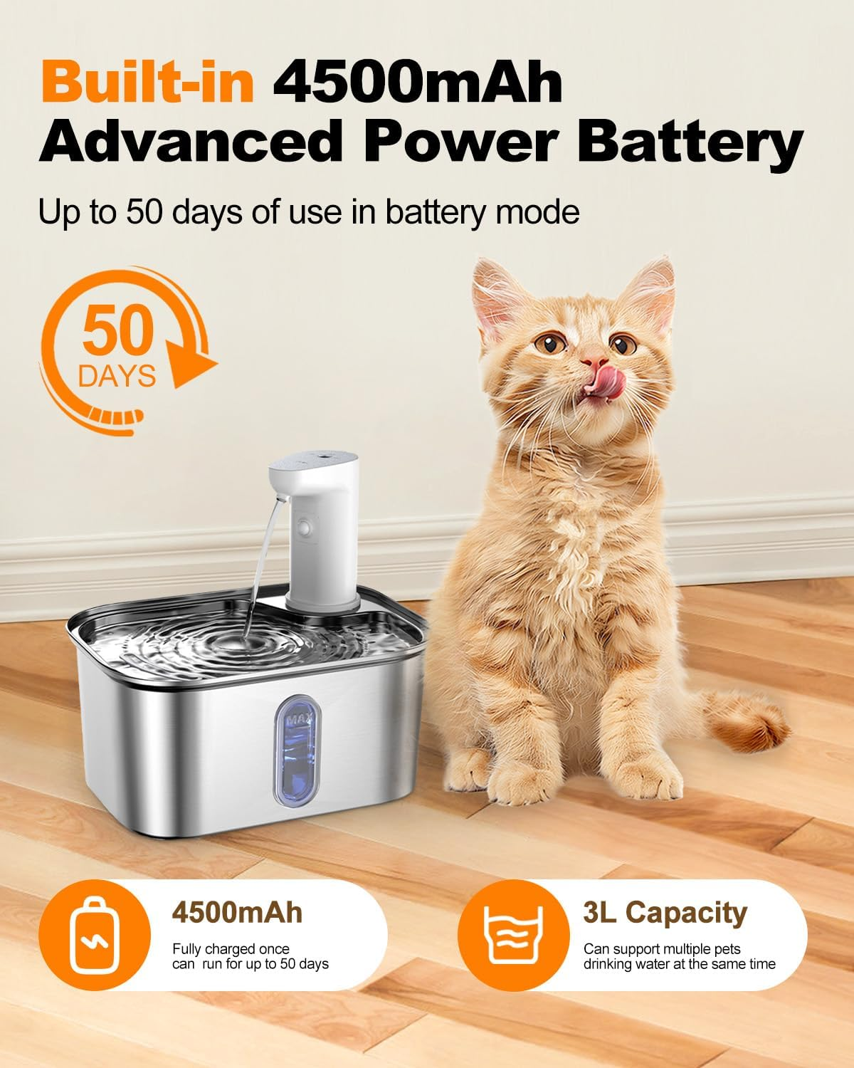 Oolong Cat Water Fountain,Automatic Wireless Pet Water Fountain Stainless Steel with Motion Sensor,3L Ultra Quiet Cat Drinking Fountain Battery Operated with Water Level Window,3 Modes and 3 Filters image number 1