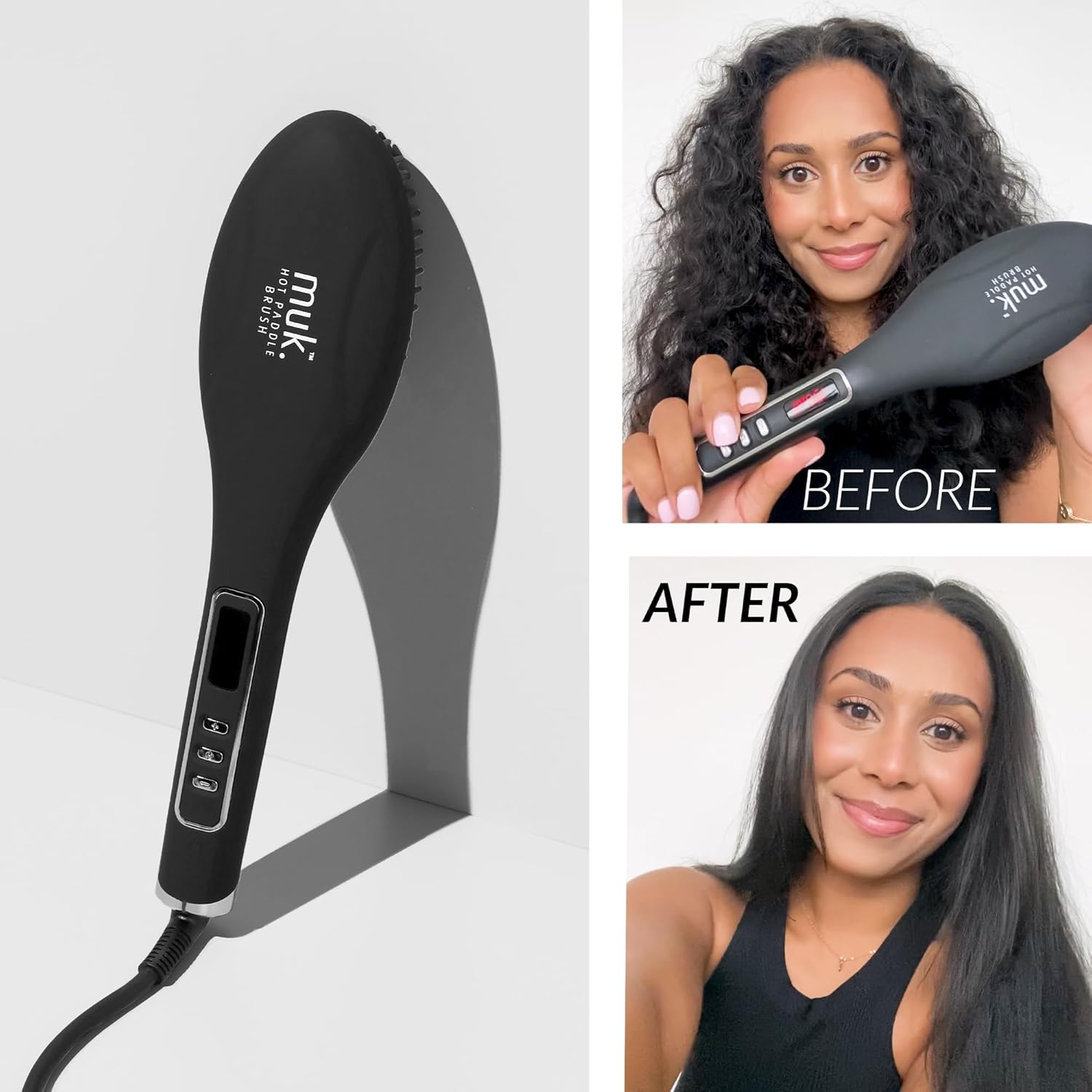 MUK. Hot Paddle Brush Professional Series - Hot Hair Brush Ceramic Tourmaline Coated Bristles for Frizz Free Styling. 5 Temperature Settings with LED Display, Professional Hair Straightener Brush image number 2