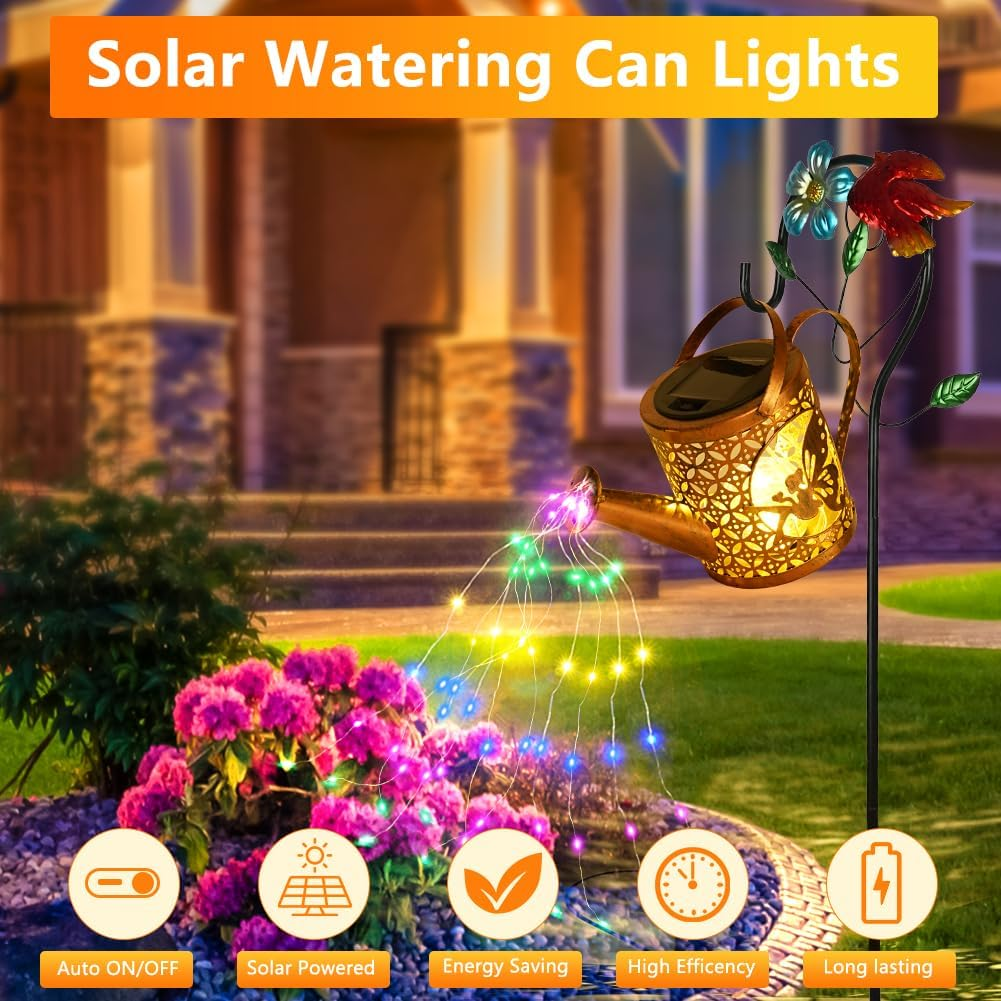 Vsshe Solar Watering Can Fairy Lights Outdoor Garden Decoration, LED Outdoor Solar Lights with Shepherd Hook for Outdoor Garden Waterproof Vintage Fairy Lights for Yard Path Balcony Patio Garden image number 4