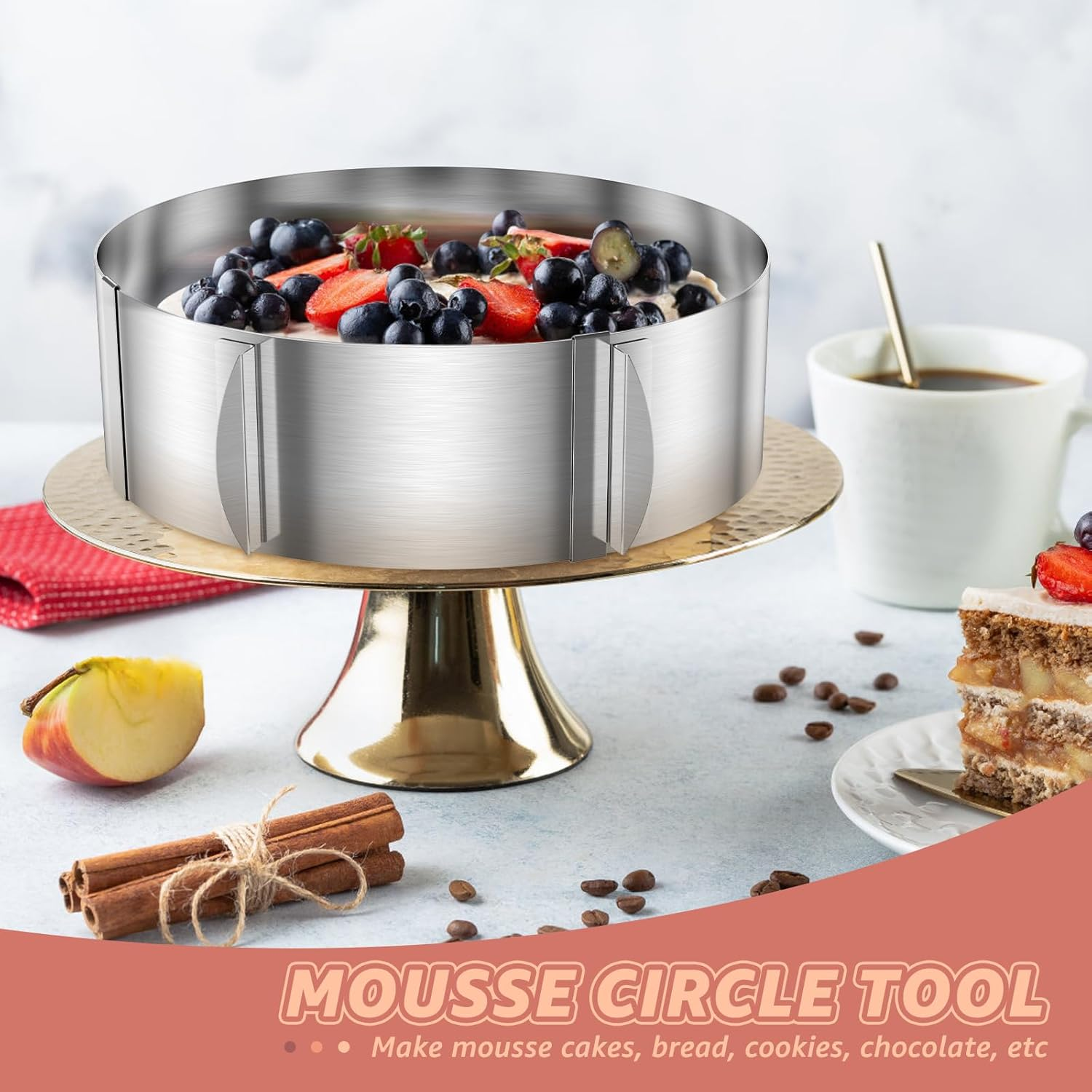 Fwqofvk 6-12 Inch round Cake Ring, Stainless Steel Adjustable Cake Mold Collar Set with Clear Cake Roll, Temperature Resistant Mousse Mold Set, Bakeware Set Tool for Chocolate Fruit Tart image number 5