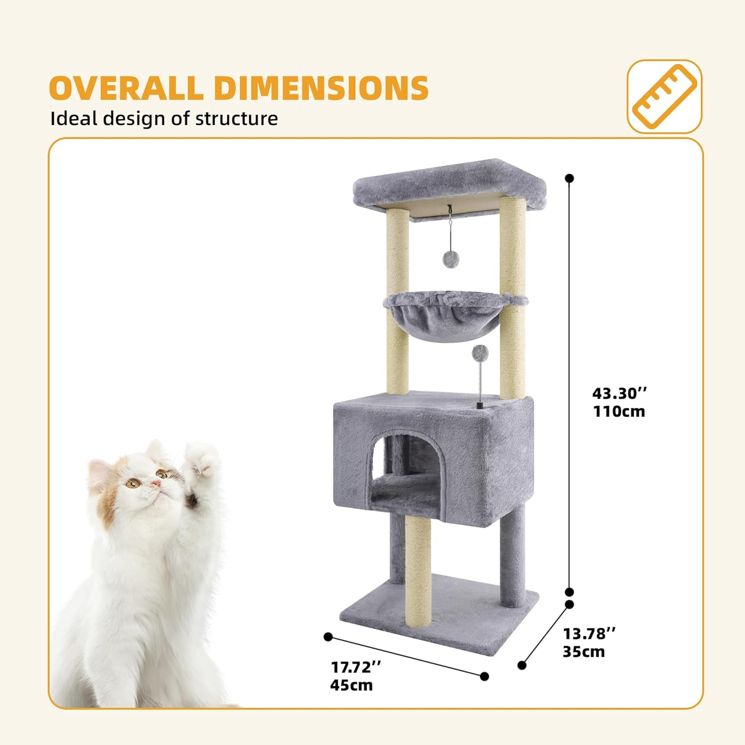 ROYPET 110Cm Cat Tree Tower with Sisal Scratching Posts for Indoor Cats,Cat Tower with Hammock and Hanging Ball Toy,Pet Furniture Activity Centre with Condo,Play Towers&Trees,Small Space,Grey image number 2