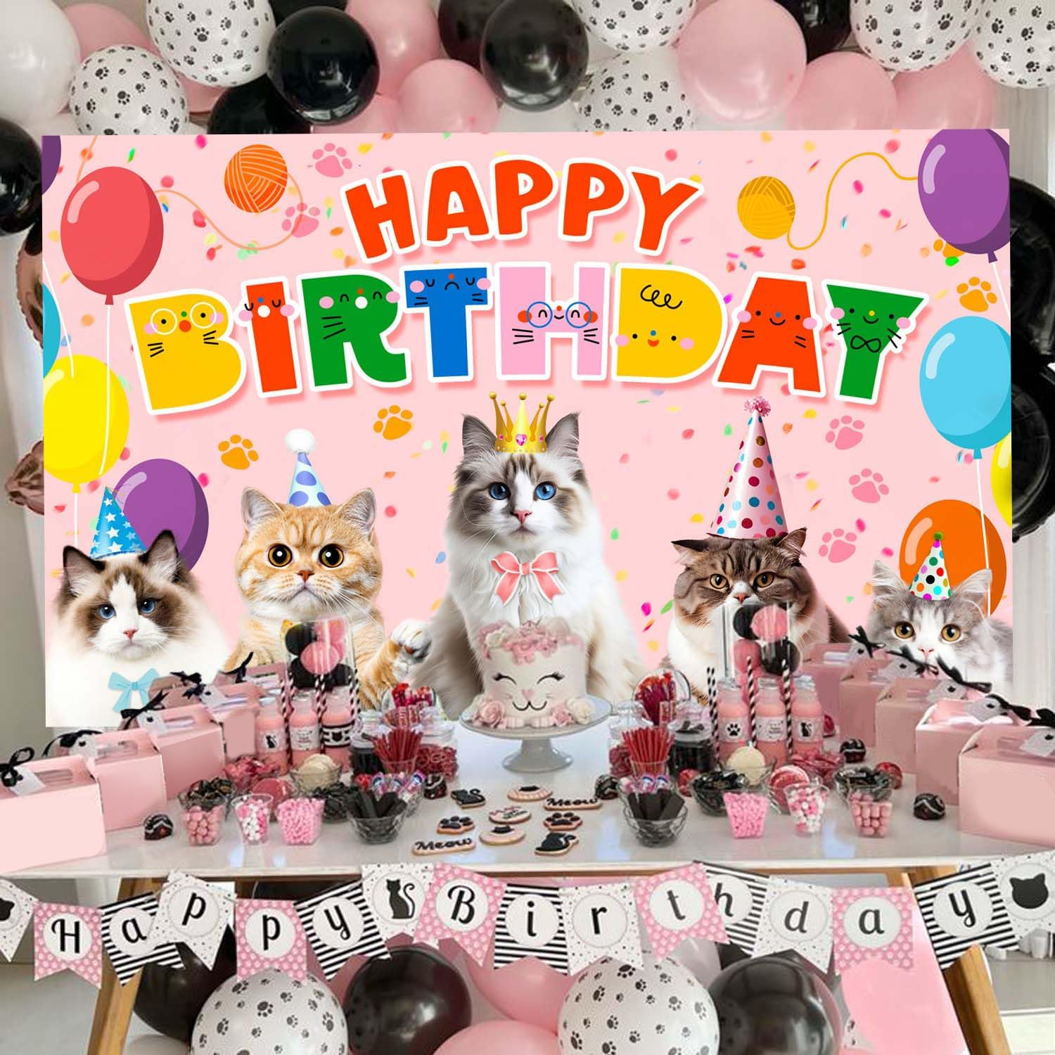 Cat Happy Birthday Background, 110 X 180 Cm Cat Backdrop Cat Party Background Decoration Cat Birthday Banner Background for Cat Theme Party Decoration