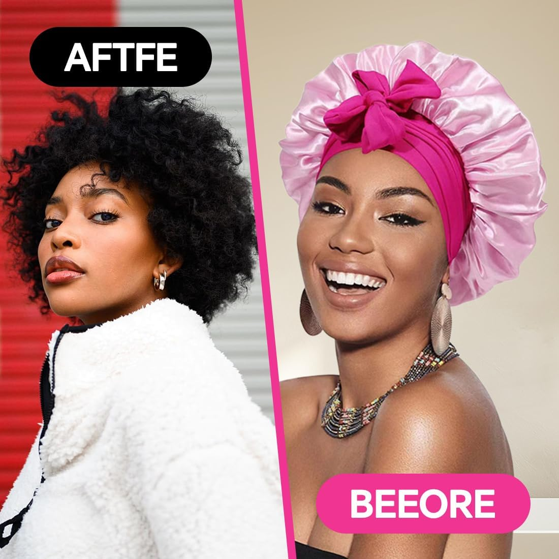 GGUFAY Double Sided Satin Hair Cap with Adjustable Tie Strap + Scrunchie Set, Hair Protection for Curls, Silk Bonnet for Sleeping, Gift for Women and Girls, Pink/Rose Red image number 4