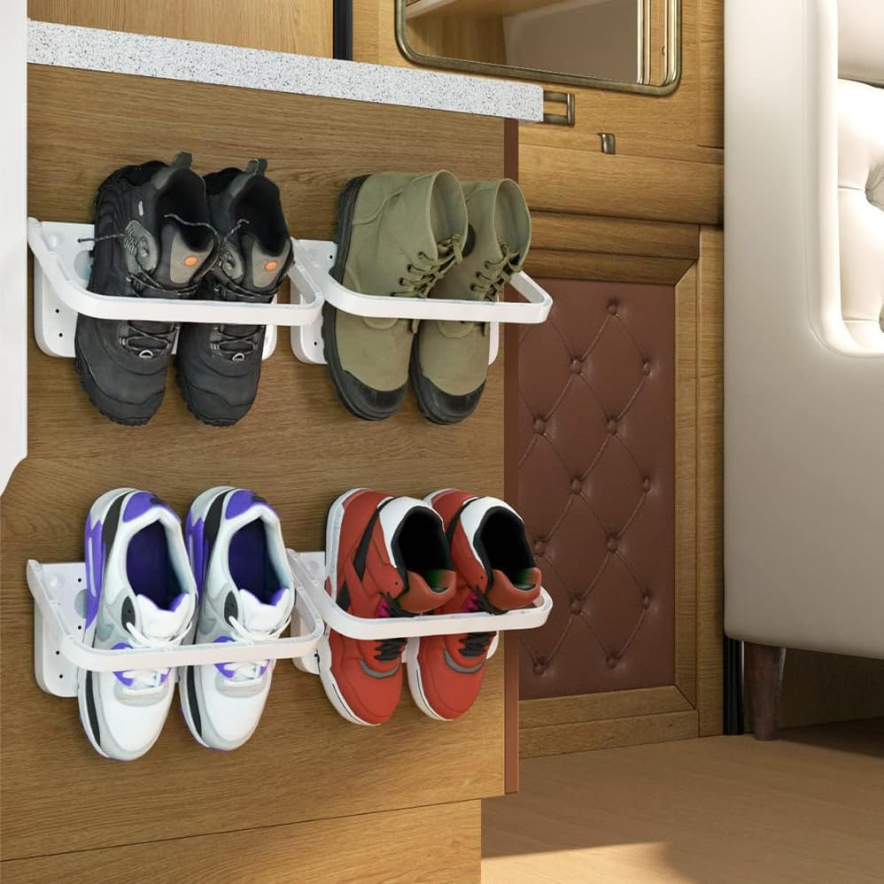 4Pcs Wall Mounted Shoes Rack,Wall Mounted Foldable Camper Shoe Organizer Shelf,Space-Saving Various Footwear Holder Essential Accessories for Travel Trailers,For Slippers,Leather Shoes,Sneaker image number 2