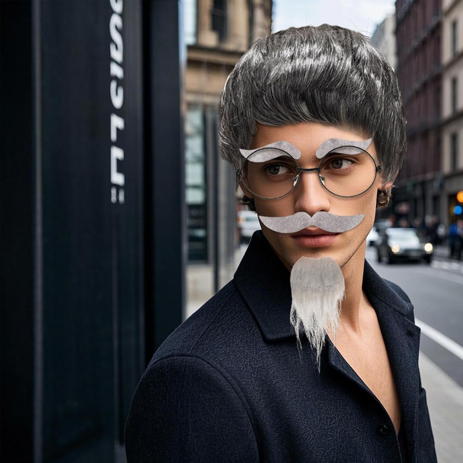 Old Man Wig Mustache Set Old Man Costume Kit Grandpa Costume Accessories Grey Wig Fake Beard Eyebrows Glasses for Men Adults Teens for Halloween 100Th Day of School image number 6