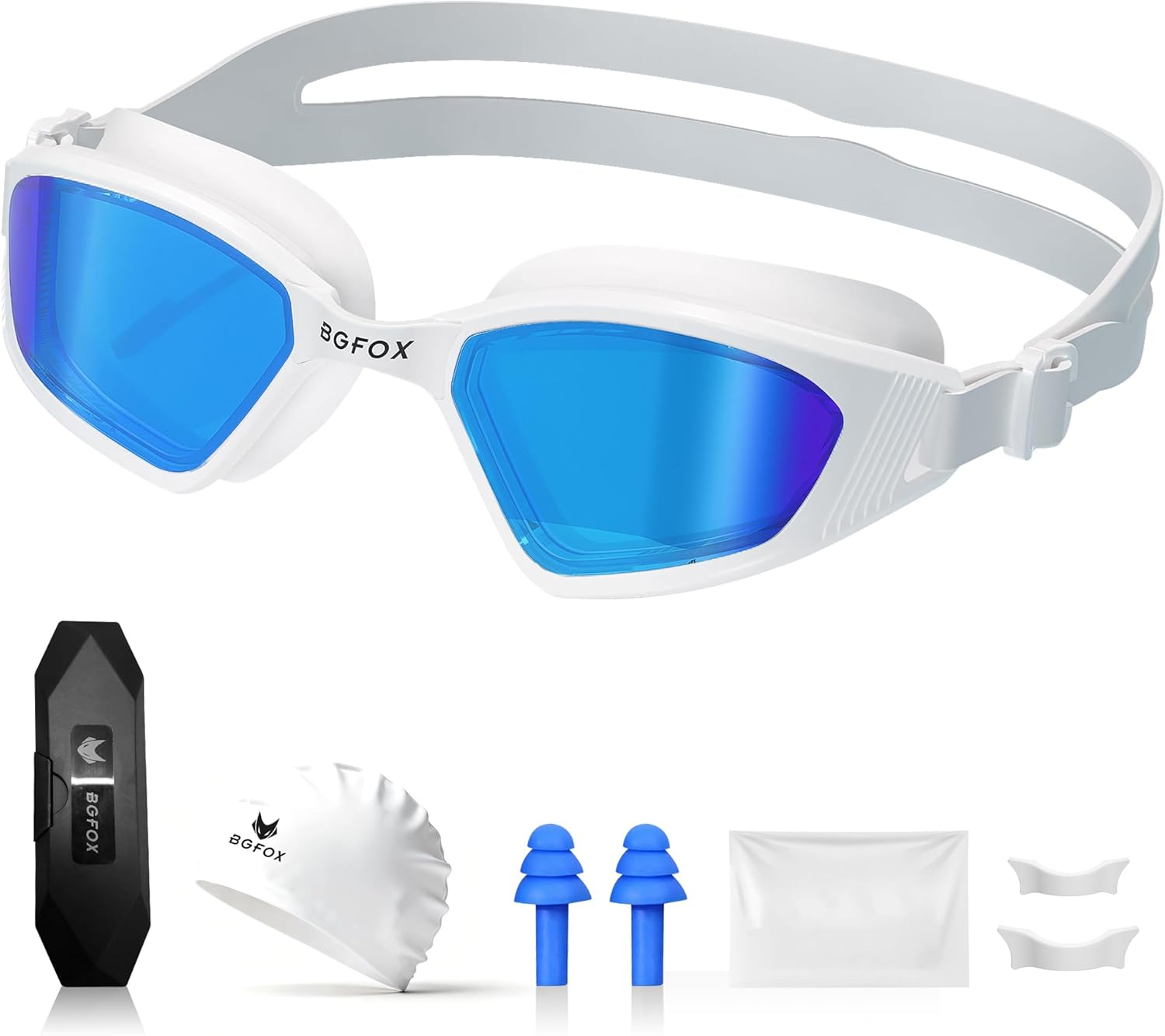 BGFOX Swimming Goggles for Adults Men & Women - 8 in 1 Set with Anti-Fog, UV Protection, Leakproof Fit,Includes Case, Nose Bridges, Cap & Accessories for Training & Lap Swimming