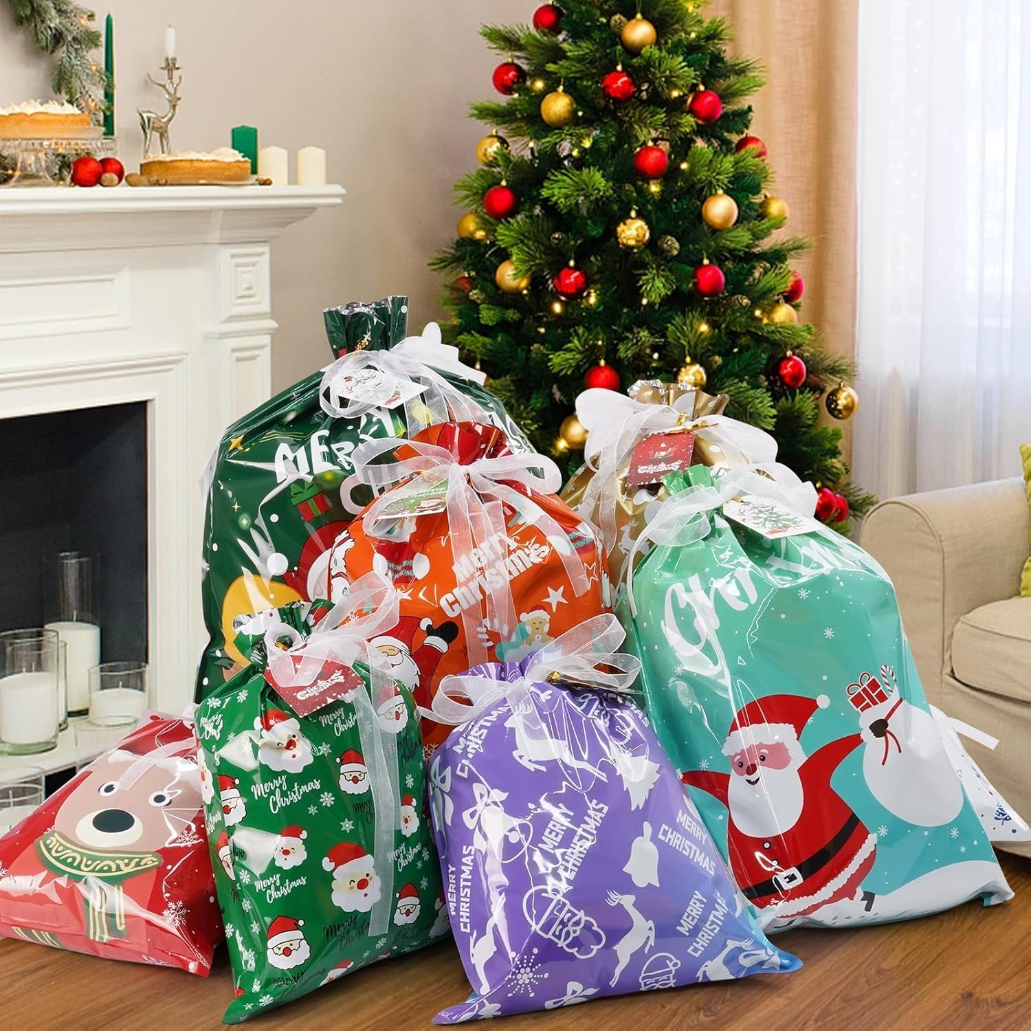 Christmas Drawstring Gift Bags 32Pcs, Xmas Treat Bags & Gift Tags Set, Assorted Sizes Large Medium Small, for Holiday Birthday Party Favors, Goody Bags, Gift Wrapping image number 2