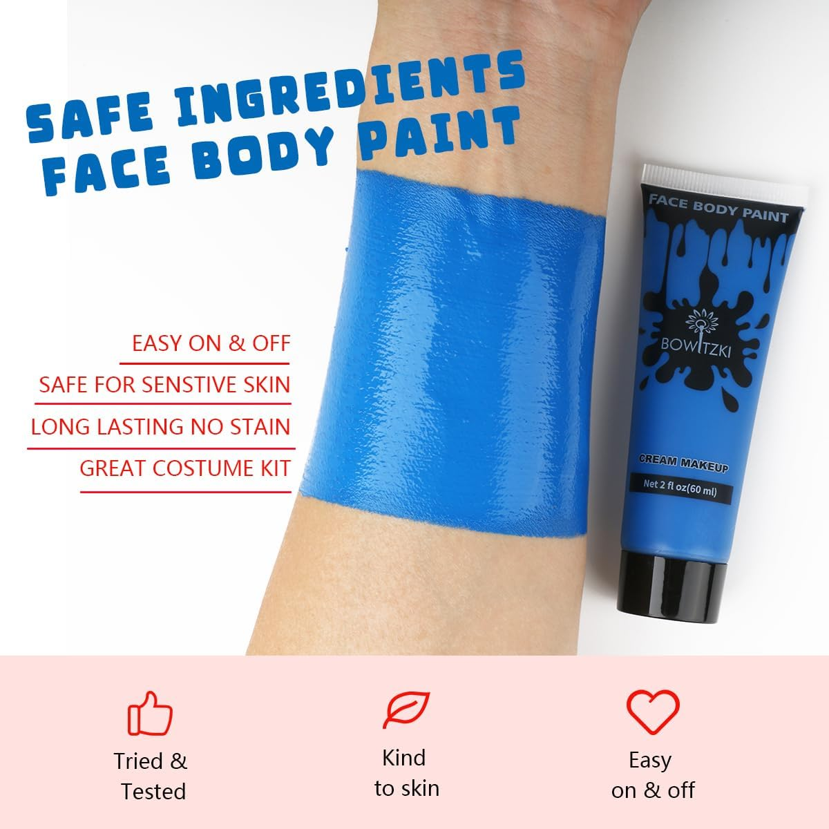 Bowitzki 60Ml Face and Body Paint 2Oz Cream Makeup 60Ml Water Based Face Painting Special Effects for Adults Children Kids Halloween Christmas Party Stage Cosplay (Blue) image number 1
