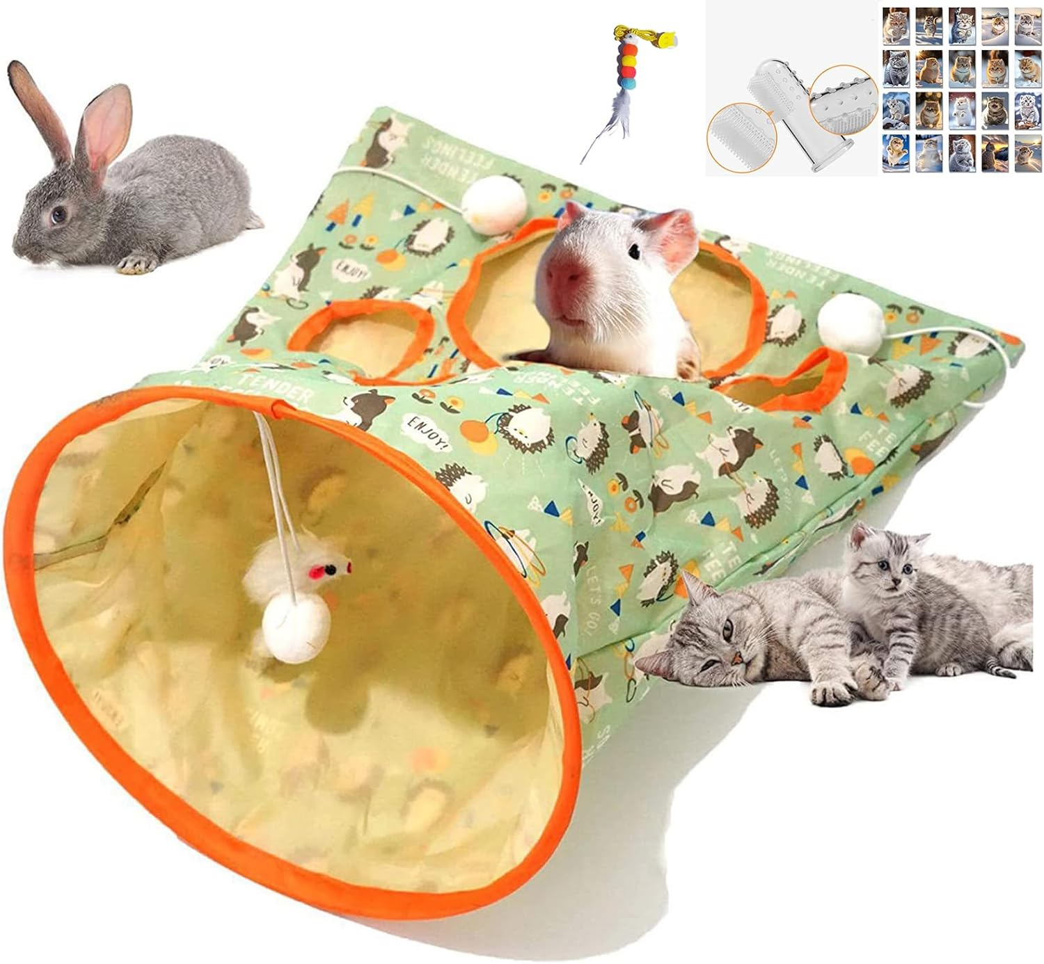 Cat Tunnel Toy, with 1 Little Mouse & 3 Toy Ball, Kitty Pet Collapsible Tunnel Crinkle Sack Bag Self Hide and Seek Play for Indoor Peekaboo Interactive Smarty Cat Cave Toy. (Green and Orange)