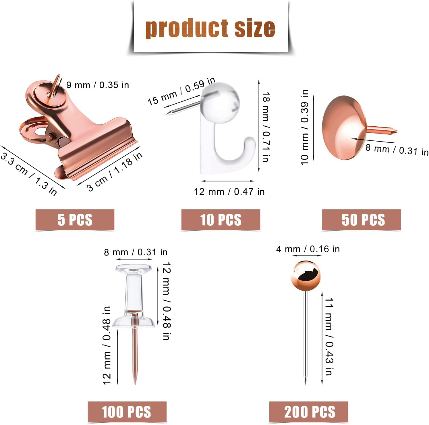 AIEX 465Pcs Clear Push Pins Set, Metal & Plastic Pushpins Clips Thumb Tacks and Push Pins for Cork Board Bulletin Board Wall 5 Styles Office Supplies (Rose Gold) - Rose Gold image number 4