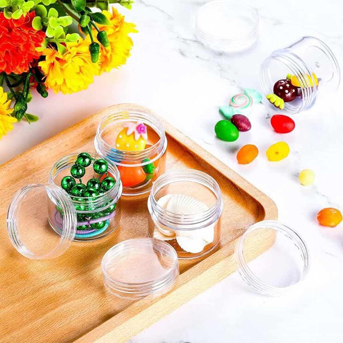 Jade Deals 50PCS 5G Transparent round Cosmetic Cream Jar Bottle, Refillable Sample Container with Diamond & Flat Lids image number 4