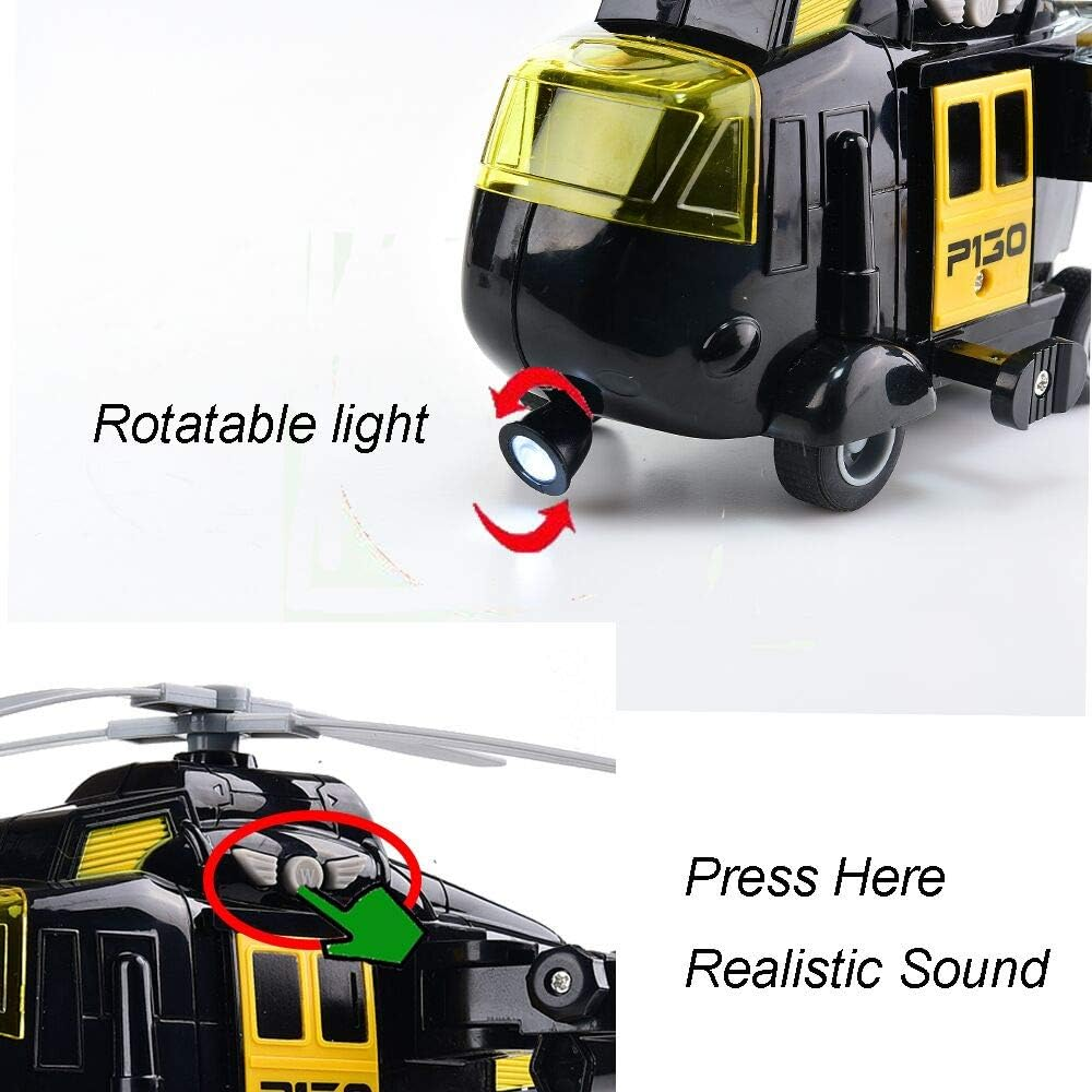 OMGTOY Military Helicopter, Airforce Airplane Toy with Hanging Basket Lights and Sounds for Kids(Black) - White image number 4