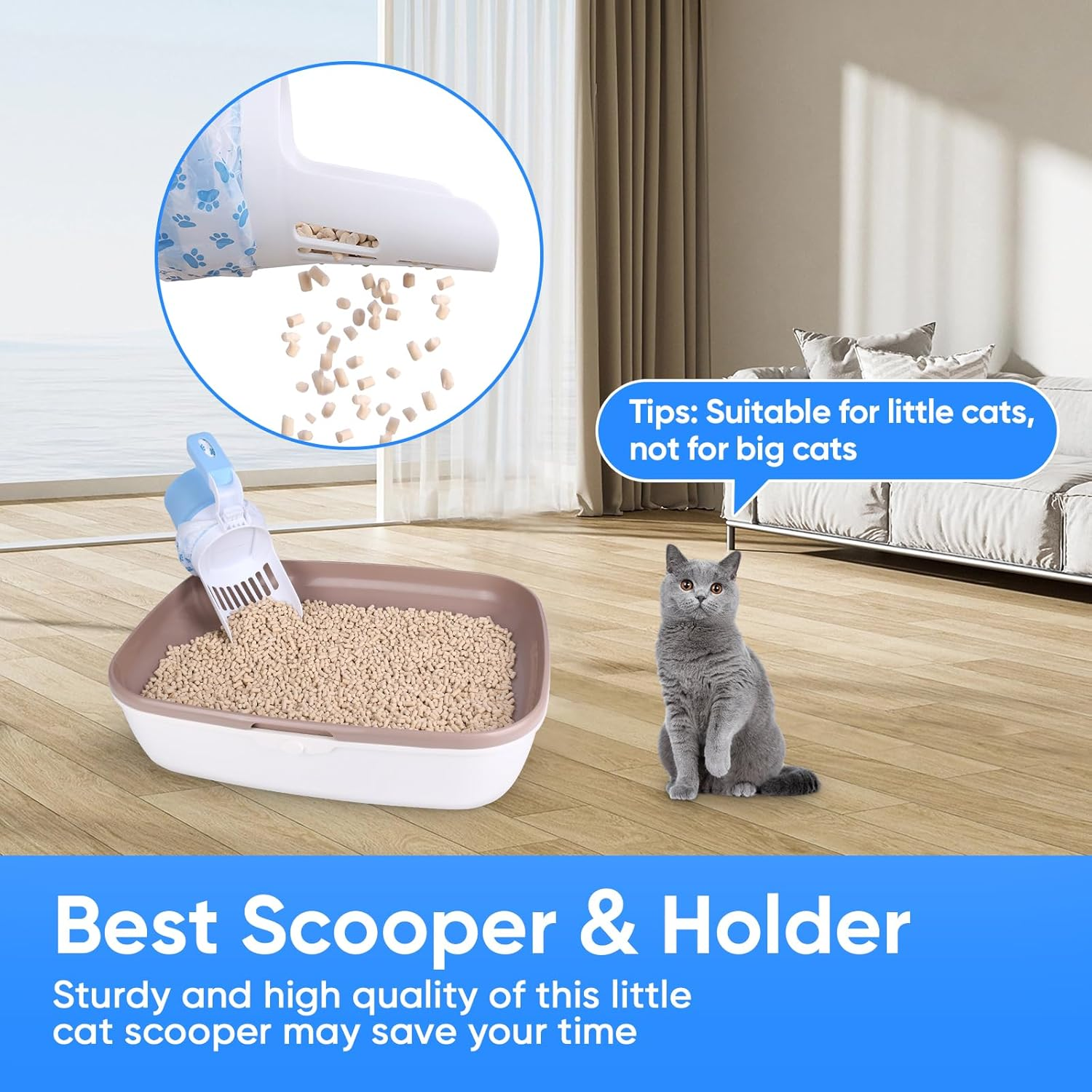 MYPIN Foldable Cat Litter Scoop with Bags, Upgraded Cat Litter Scoop with Holder and Waste Bin, Cat Litter Scoop with Extra 135 Waste Bags, Portable Cat Litter Scoop (Blue) image number 1