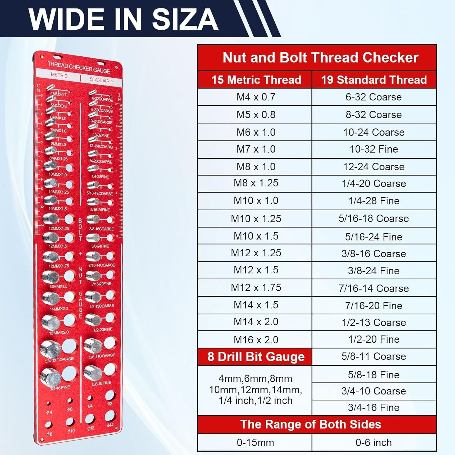 34 Thread Checker, Nut and Bolt Thread Checker, Bolt Size and Thread Gauge with 19 Standard and 15 Metric, 8 Drill Bit Gauge, Bolt and Nut Identifier Gauge Bolt Gauge Rectangular image number 3