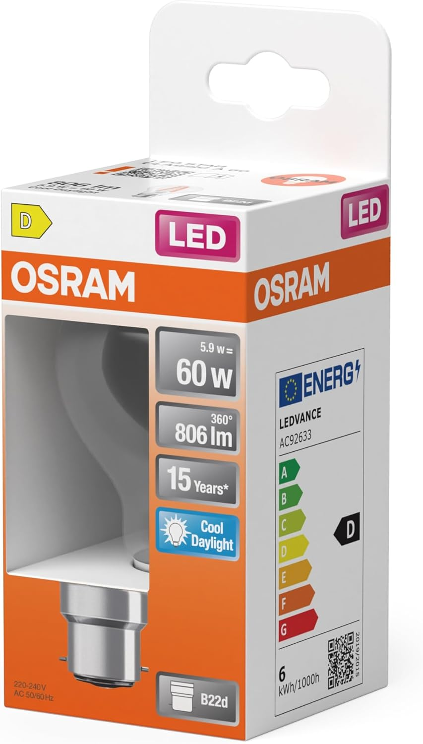 OSRAM LED Star Classic a 60 Lamp with Innovative LED Filament Technology, Bulb Shape, 5.9 W/806 Lumens, EEK D, Cool Daylight White at 6500K, Made from Lead-Free Clear Glass, B22D Base, 60 Mm Diameter image number 1
