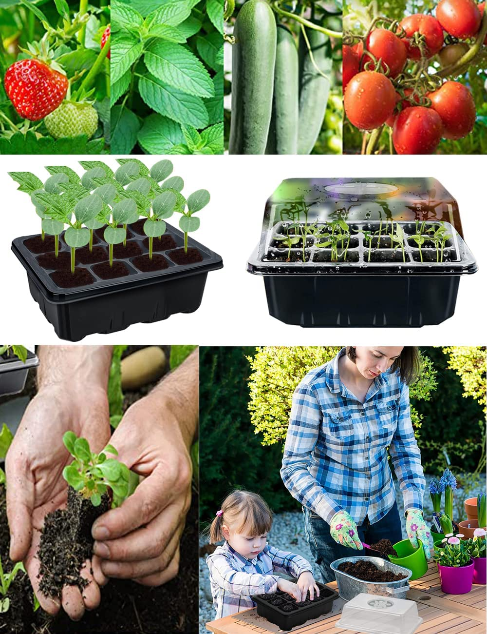 120 Cells Seedling Starter Tray Kit, 10 Pack Seed Starting with Humidity Dome and Base Vented Trays for Greenhouse Gardens, Adjustable Plant Starter Kit, Mini Propagator for Germination (Black) image number 3