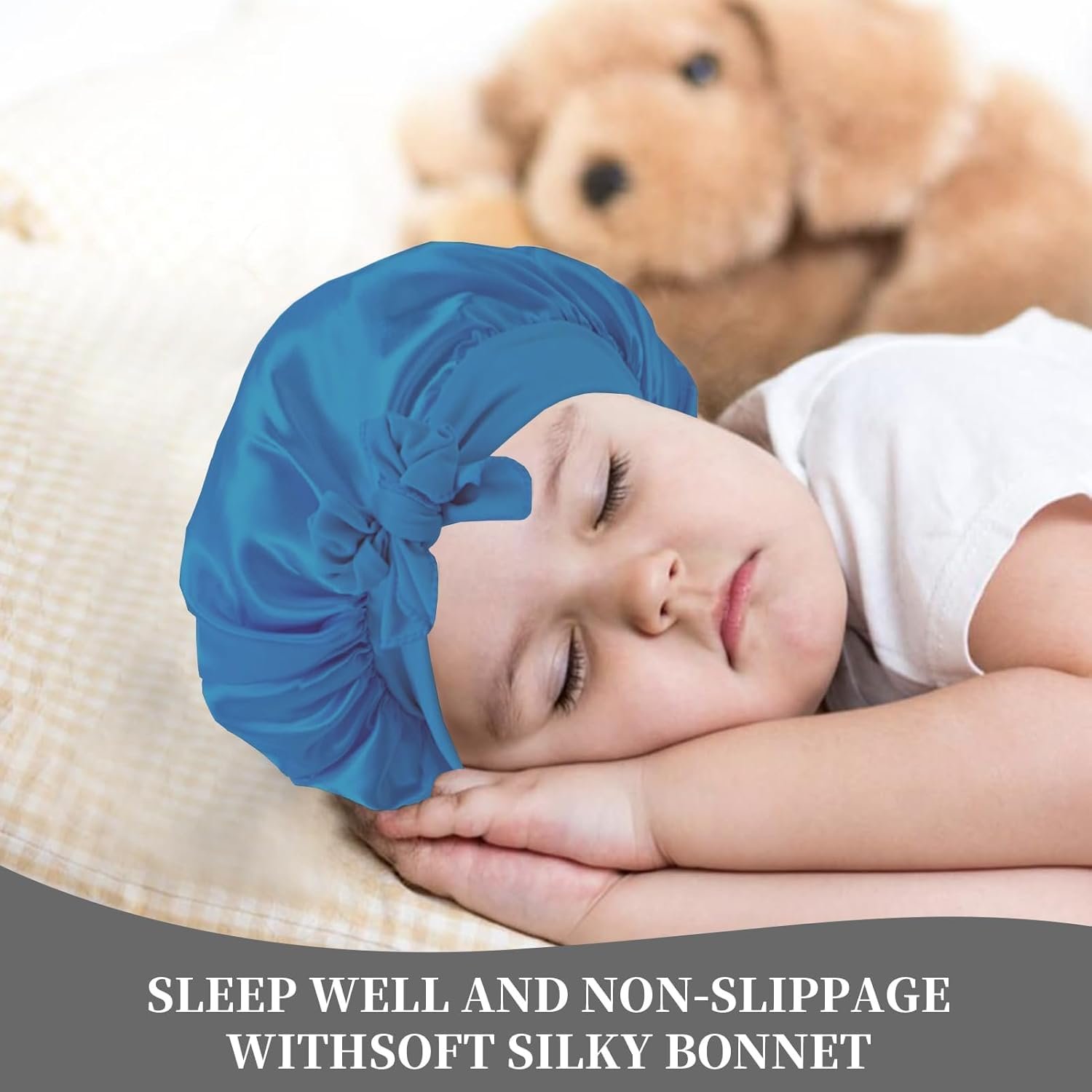 3 Pack Kids Satin Bonnet for Sleeping Baby Hair Bonnets for Curly Hair Girls Boys, Silk like Sleep Cap with Wide Elastic Band, Toddler to Teen Pink, Black, Light Blue image number 3