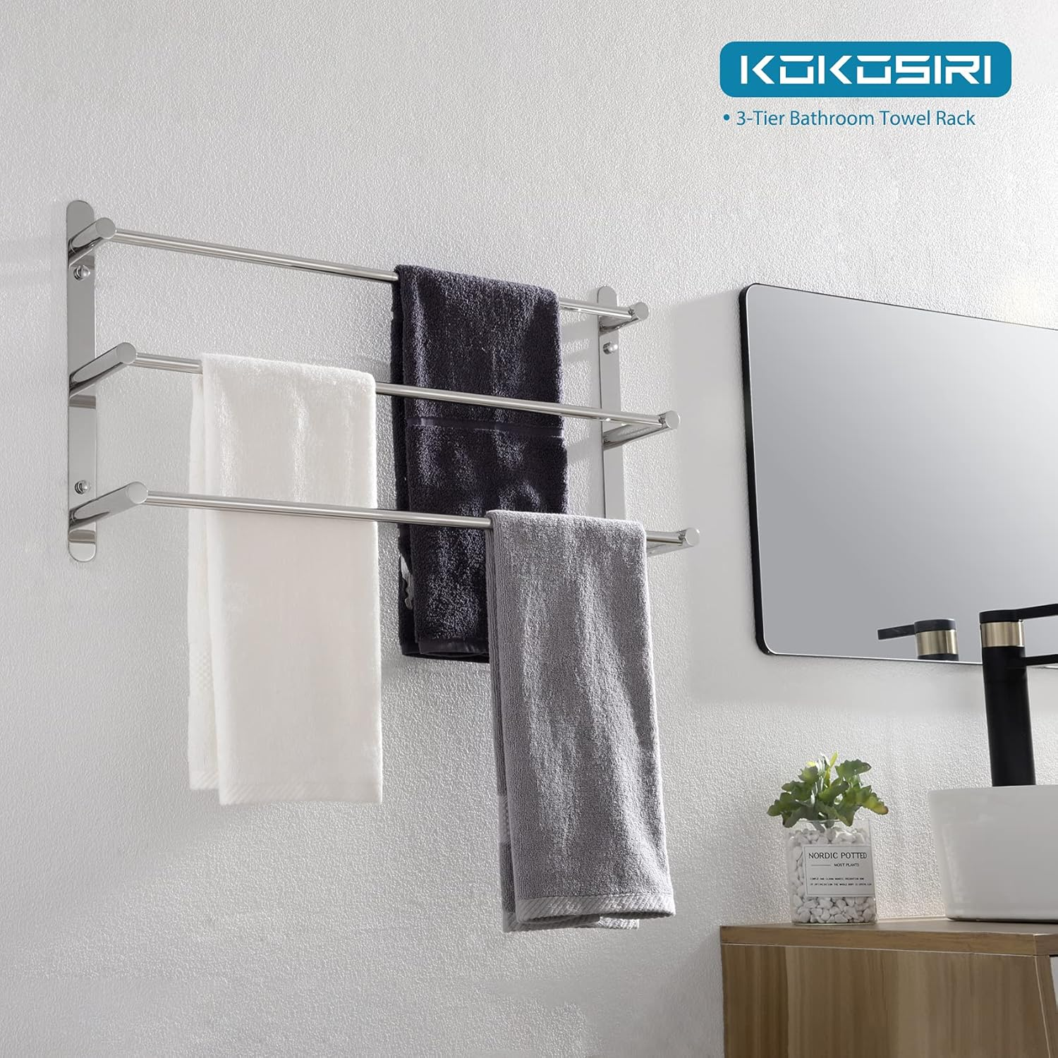 KOKOSIRI Bath Towel Bars Bathroom 3-Tiers Ladder Towel Rails Wall Mounted Towels Shelves Rack Stainless Steel, Polished Chrome, B5002CH image number 3