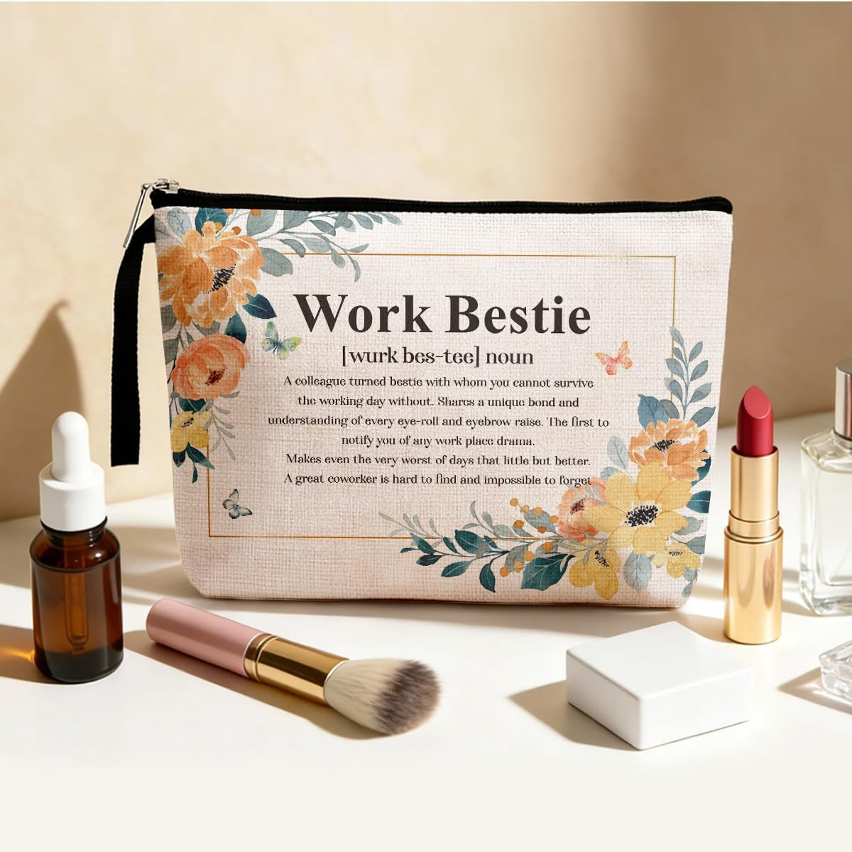 Funny Work Bestie Noun Makeup Bag Thank You Retirement Gifts BFF Gifts Friendship Gifts for Women Friends Coworker Colleague Cosmetic Bag Zipper Pouch Bag Travel Bag for Birthday Christmas, Beige0426, 9.5X6.3X1.6 Inches image number 1