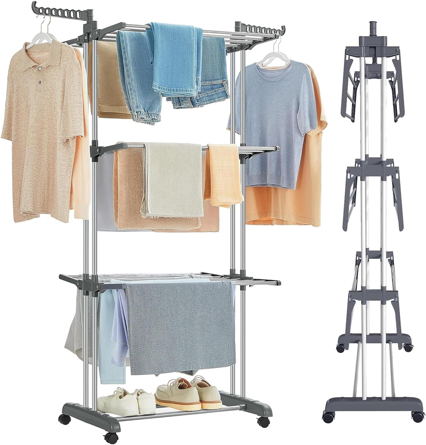 FIME. Clothes Drying Rack, 3 Layers Folding Clothes Rail of Clothes Hanger Sturdy Laundry Garment Dryer Stand with Two Side Wings (Grey) image number 6