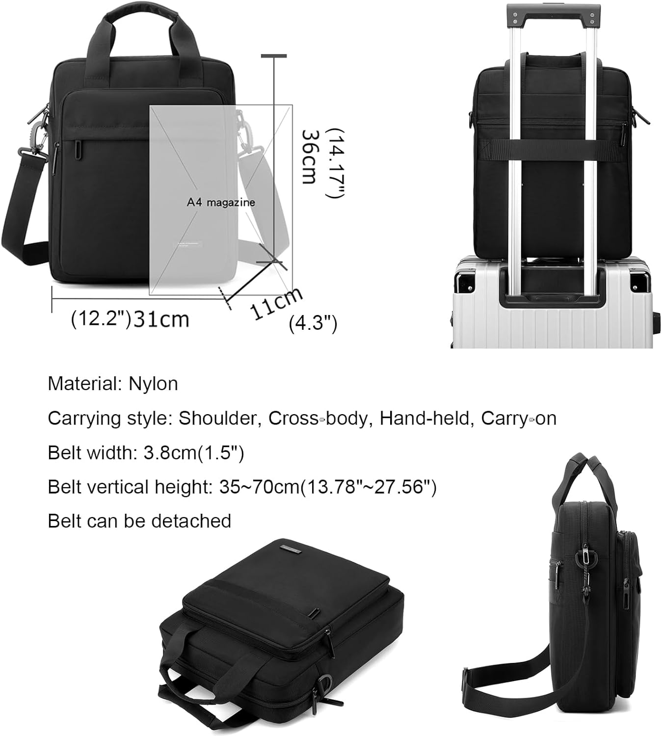 Men'S Messenger Bag A4 Nylon Large Shoulder Bag Business Waterproof Casual Black Crossbody Bag for Work Travel Outdoor, Black