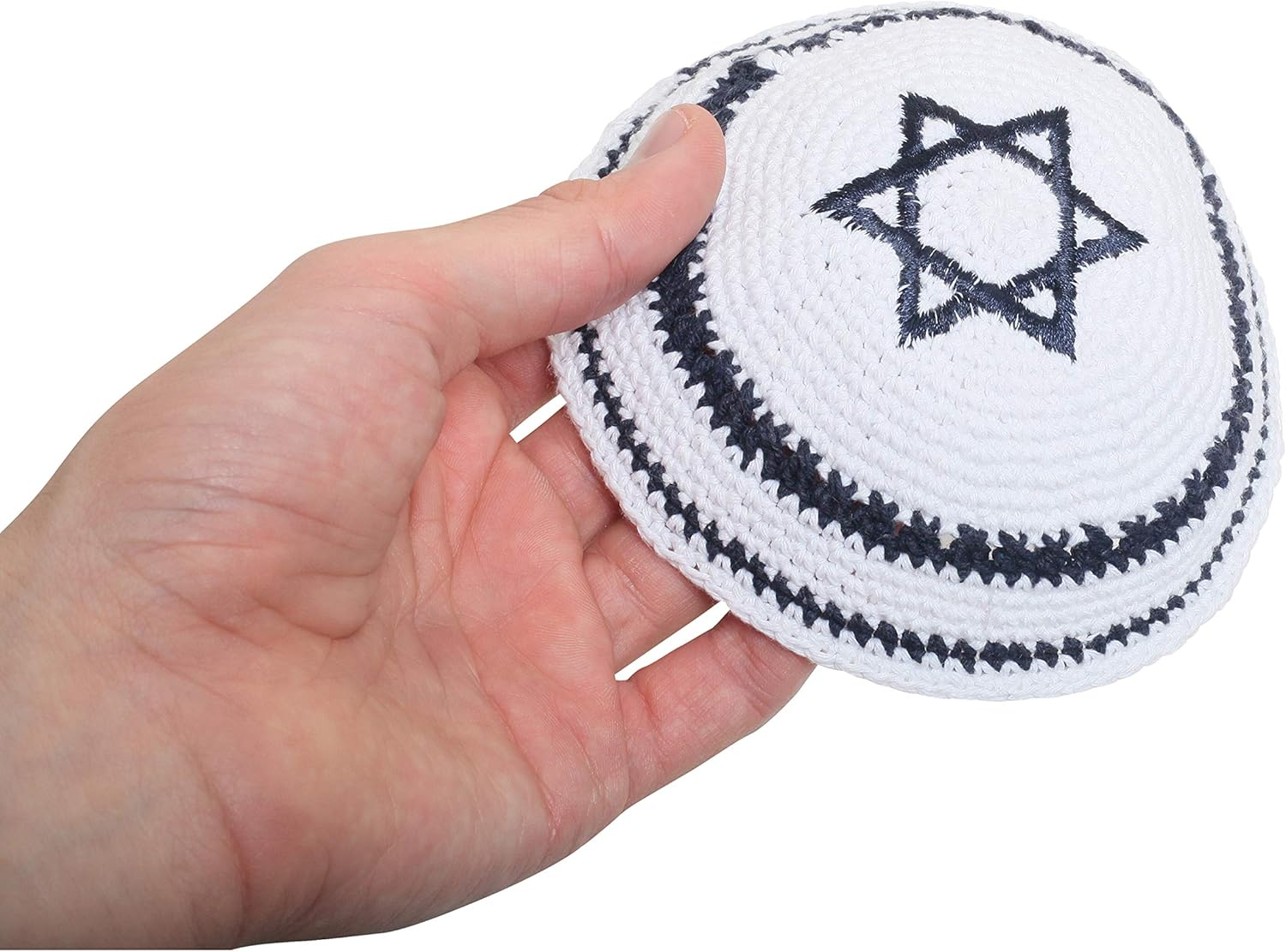 KIPPIK Star of David Jewish Kippahhatfor Men & Kids with Clip Beautifully Knitted, Breathable, Comfy, Soft, Kippa Celebrating, Praying, Studying, Synagogue Blue Magen David with Line